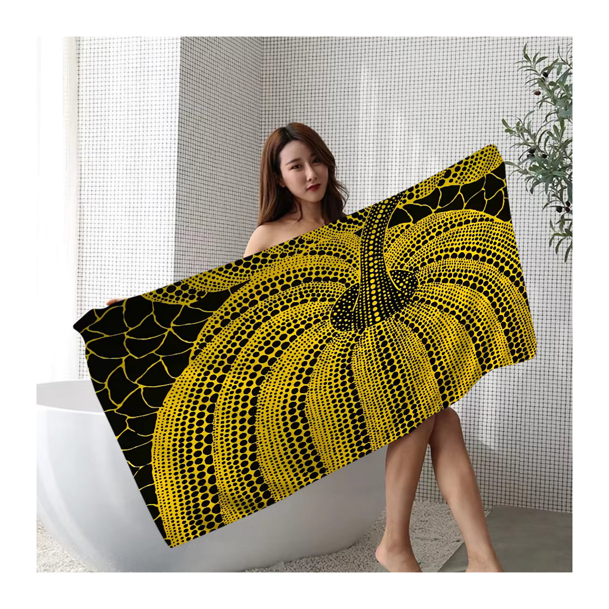 Yayoi Kusama Kunst Motiv Handtuch aus Mikrofaser in Gelb, schnelltrocknend und weich für Strand, Schwimmbad oder Yoga - Bild 5