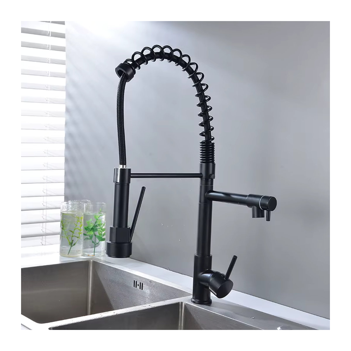 YCRAYS Küchenarmatur mit Feder-Pull-Down-Funktion und zwei Griffen, Schwarz, Industrial Design, für heißes und kaltes Wasser, Aufputz-Montage - Bild 1