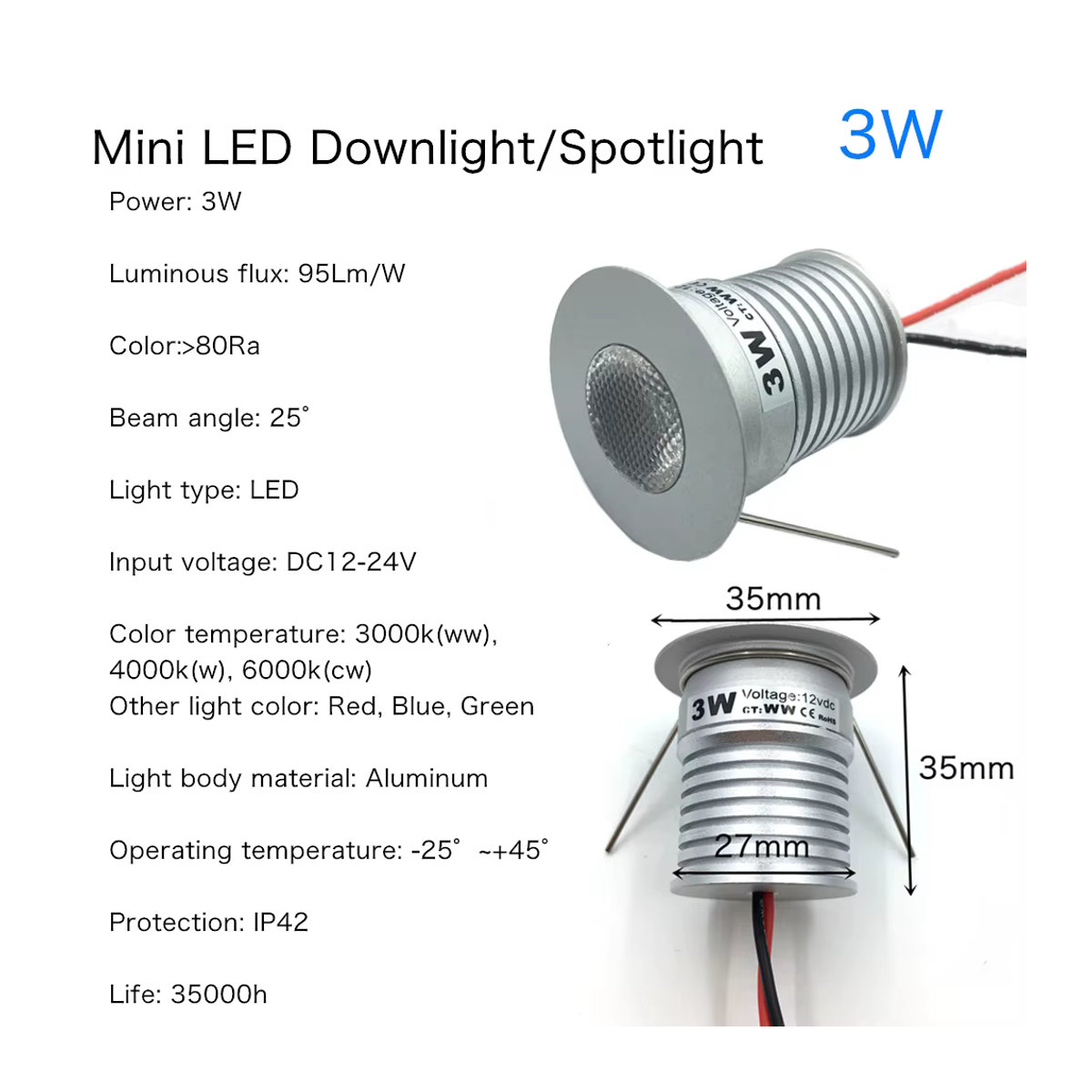 YELEDWAY LED-Mini-Downlight Einbaustrahler aus Aluminium in Silber, dimmbar, 3 W, DC12 V - Bild 3