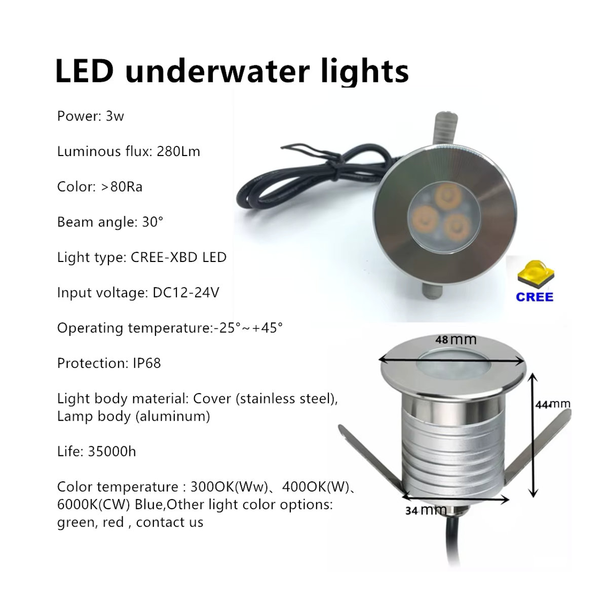 YELEDWAY LED Unterwasser Spot Lampe IP68 Wasserdicht 3W 12V aus Edelstahl in Silber für Pool Teich und Garten - Bild 3