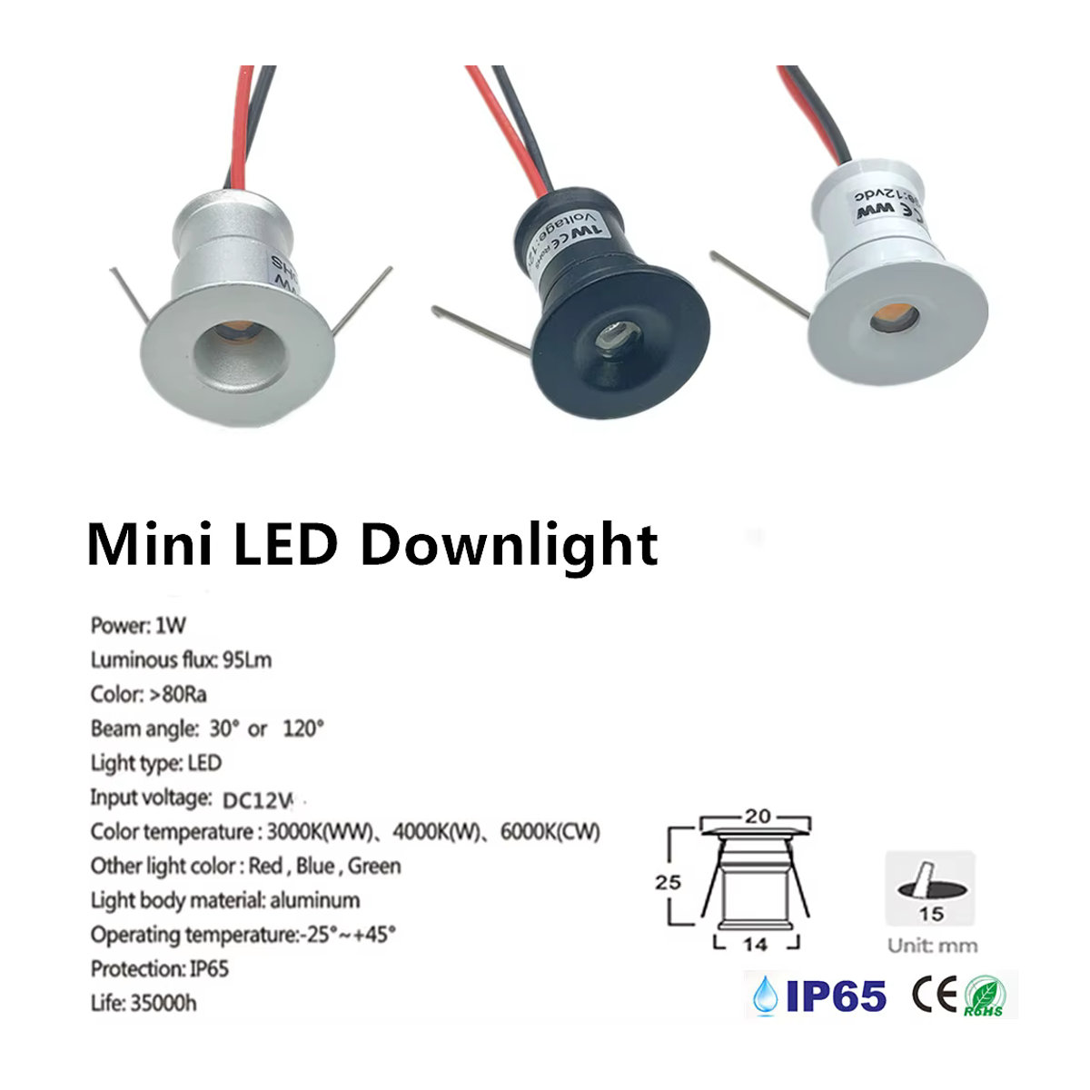 YELEDWAY Mini-Downlight LED 12V 1W Einbaustrahler aus Aluminium in Weiß mit Transformator AC110-220V - Bild 2