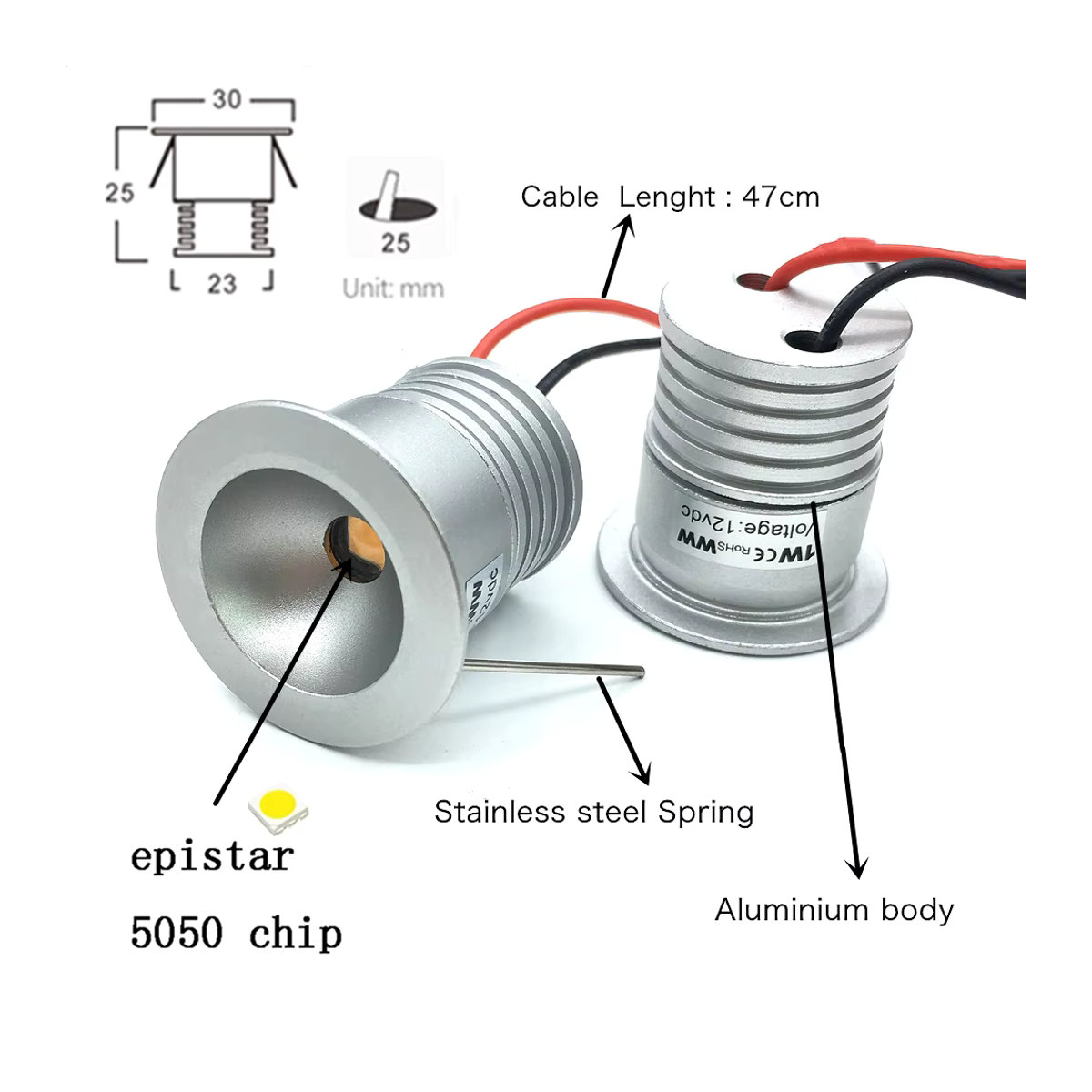 YELEDWAY Mini LED Einbaustrahler 1W 12V IP65 Spotlicht aus Aluminium in Alufarben für Innenbereich und Außenbereich - Bild 3