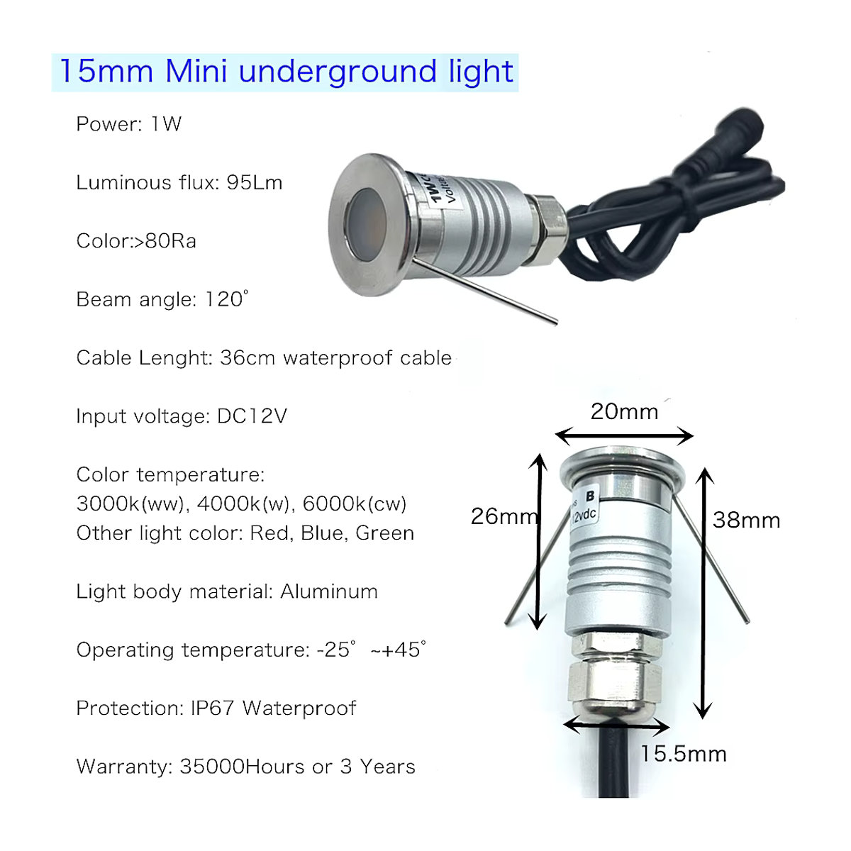 YELEDWAY Mini LED Untergrundleuchte IP67 aus Edelstahl und Aluminium, 1W, 12V, wasserdichte Gartenbeleuchtung für Treppen und Wege - Bild 3