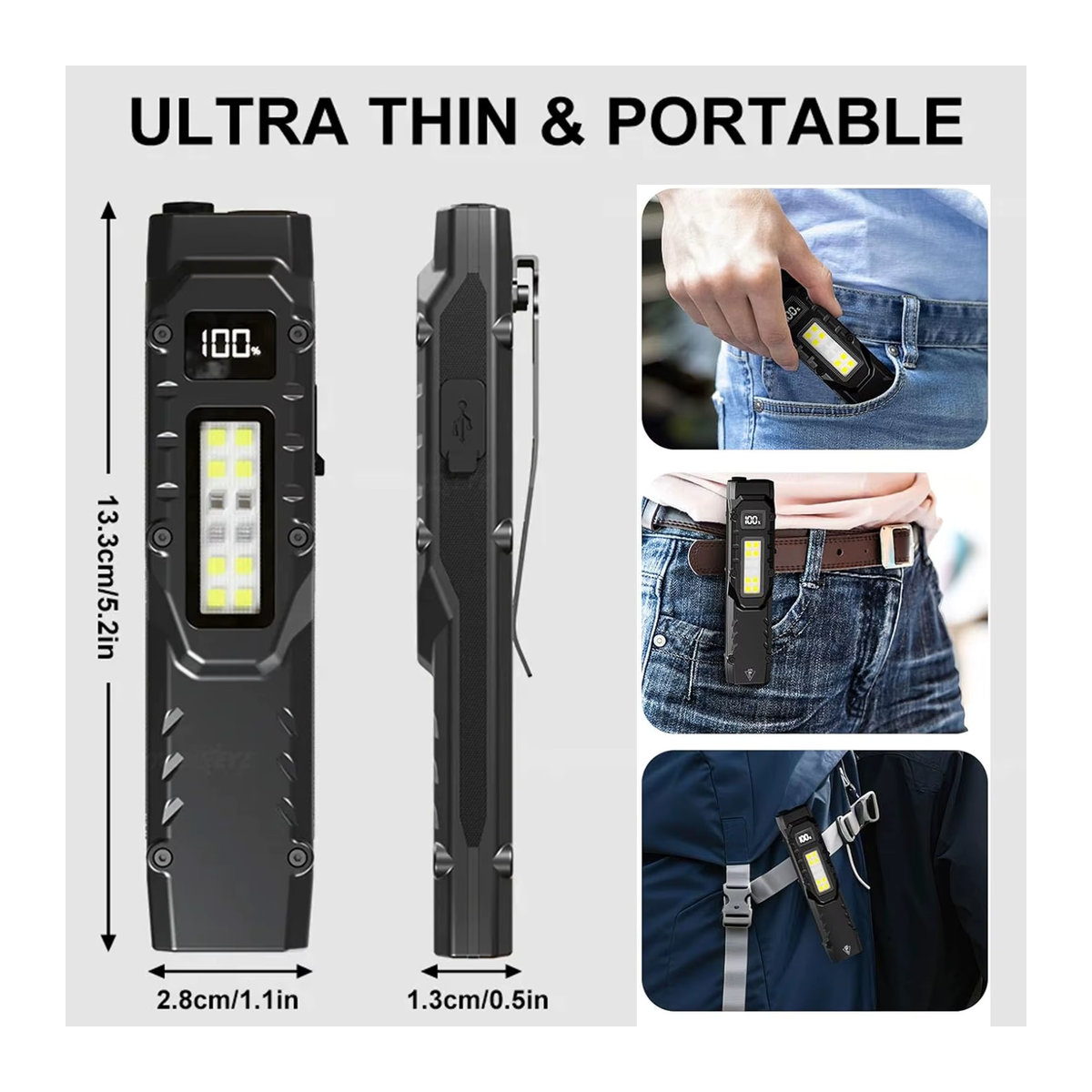 YEMAO Taktische LED-Taschenlampe aus Aluminiumlegierung mit dreifacher Lichtquelle und COB-Arbeitslicht, wiederaufladbare EDC-Taschenlampe in Modern Design - Bild 5