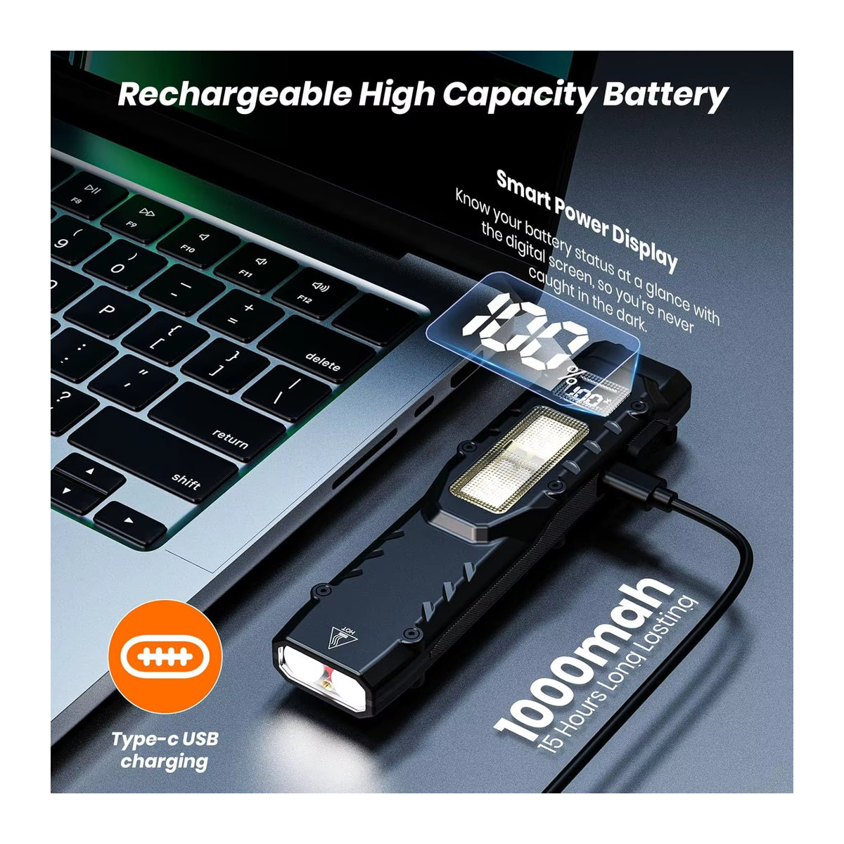 YEMAO Taktische LED-Taschenlampe aus Aluminiumlegierung mit dreifacher Lichtquelle und COB-Arbeitslicht, wiederaufladbare EDC-Taschenlampe in Modern Design - Bild 6