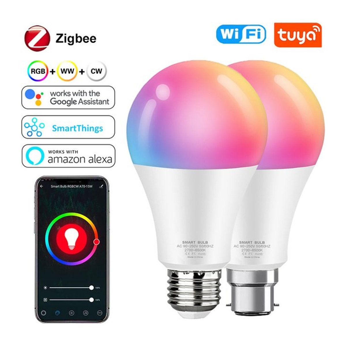 YEMEKE Zigbee Smart LED-Glühbirne 15W E27 RGB+WW+CW Dimmbar mit Tuya App und Sprachsteuerung kompatibel mit Alexa, Bunt - Bild 1