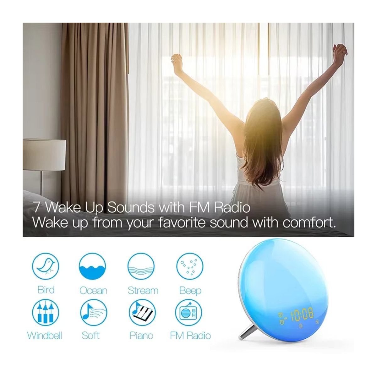 YIDIELE Smart Wake Up Light mit Sonnenaufgangs- und Sonnenuntergangs-Simulation, Wifi Wecker mit Fernbedienung, kompatibel mit Alexa und Google Home, Weiß, minimalistisches Design - Bild 2