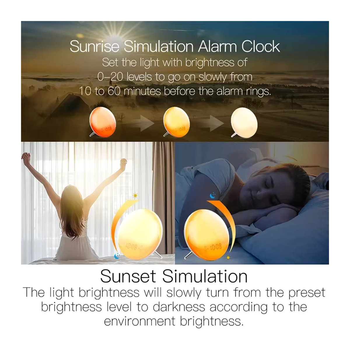 YIDIELE Smart Wake Up Light mit Sonnenaufgangs- und Sonnenuntergangs-Simulation, Wifi Wecker mit Fernbedienung, kompatibel mit Alexa und Google Home, Weiß, minimalistisches Design - Bild 5