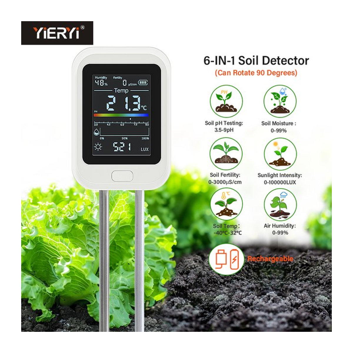 Yieryi 6-in-1 Boden-pH-Tester: Wiederaufladbares Messgerät für Feuchtigkeit, Fruchtbarkeit, Sonnenlicht und Temperatur zur Erdnährungsanalyse für deinen Garten und deine Farm - Bild 1