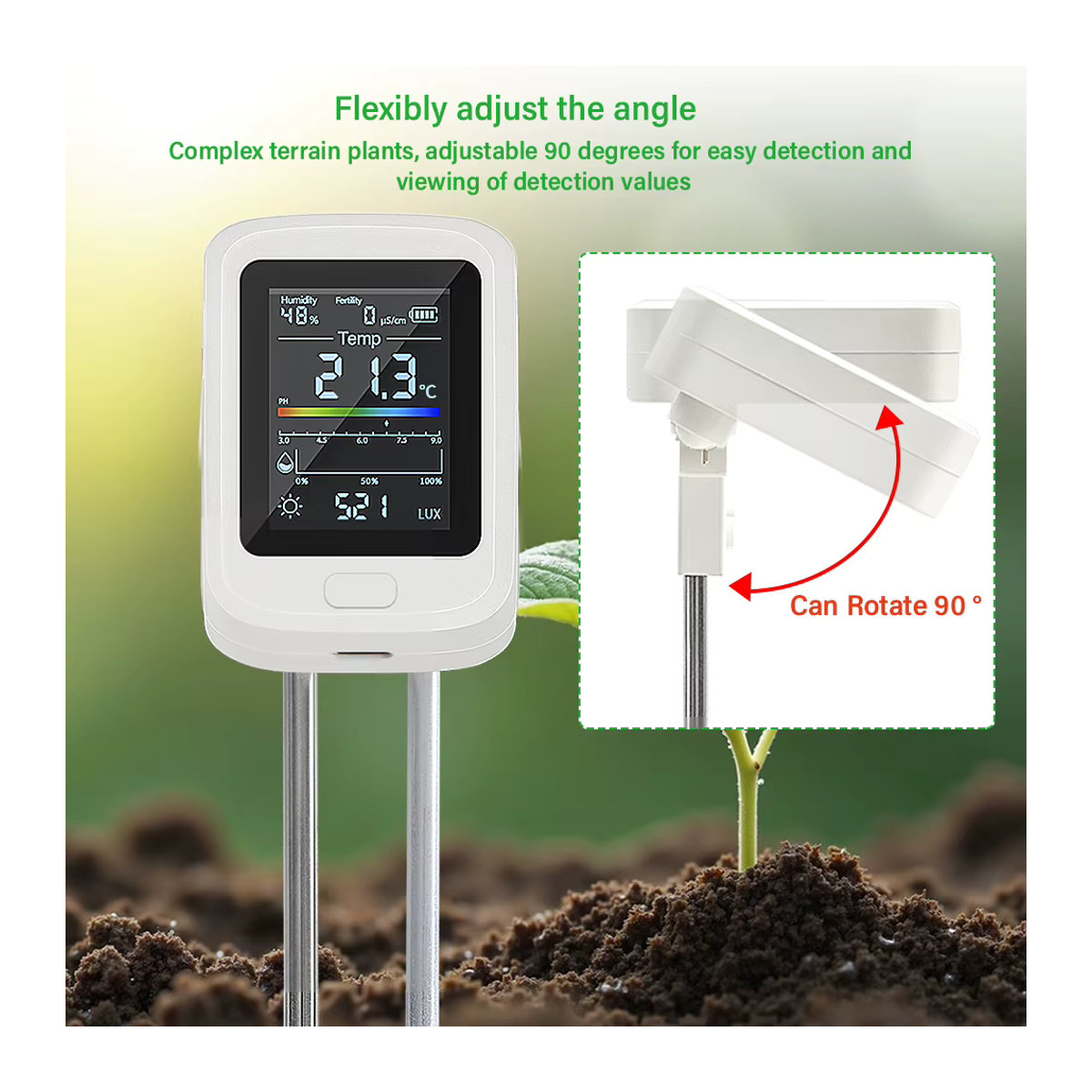 Yieryi 6-in-1 Boden-pH-Tester: Wiederaufladbares Messgerät für Feuchtigkeit, Fruchtbarkeit, Sonnenlicht und Temperatur zur Erdnährungsanalyse für deinen Garten und deine Farm - Bild 4