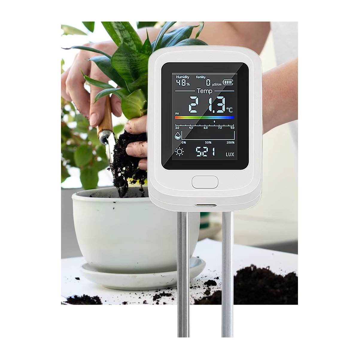 Yieryi 6-in-1 Boden-pH-Tester: Wiederaufladbares Messgerät für Feuchtigkeit, Fruchtbarkeit, Sonnenlicht und Temperatur zur Erdnährungsanalyse für deinen Garten und deine Farm - Bild 7