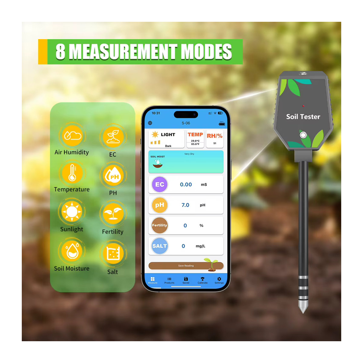 Yieryi 8-in-1 Smart Bodentester mit Bluetooth App zur Messung von pH-Wert, Salz, EC, Fruchtbarkeit, Temperatur und Bodenfeuchtigkeit für die Gartenpflanzung - Bild 3