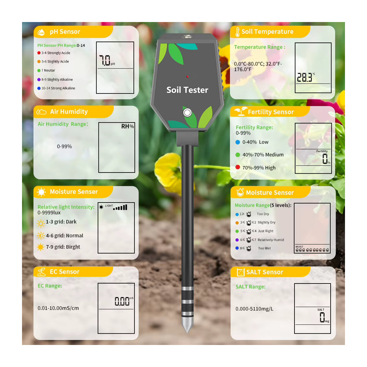 Yieryi 8-in-1 Smart Bodentester mit Bluetooth App zur Messung von pH-Wert, Salz, EC, Fruchtbarkeit, Temperatur und Bodenfeuchtigkeit für die Gartenpflanzung - Bild 4