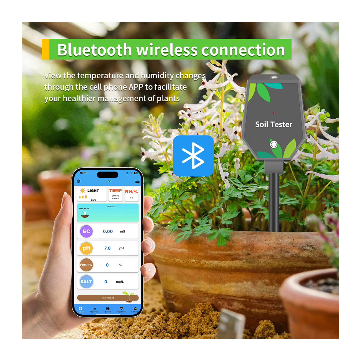 Yieryi 8-in-1 Smart Bodentester mit Bluetooth App zur Messung von pH-Wert, Salz, EC, Fruchtbarkeit, Temperatur und Bodenfeuchtigkeit für die Gartenpflanzung - Bild 5
