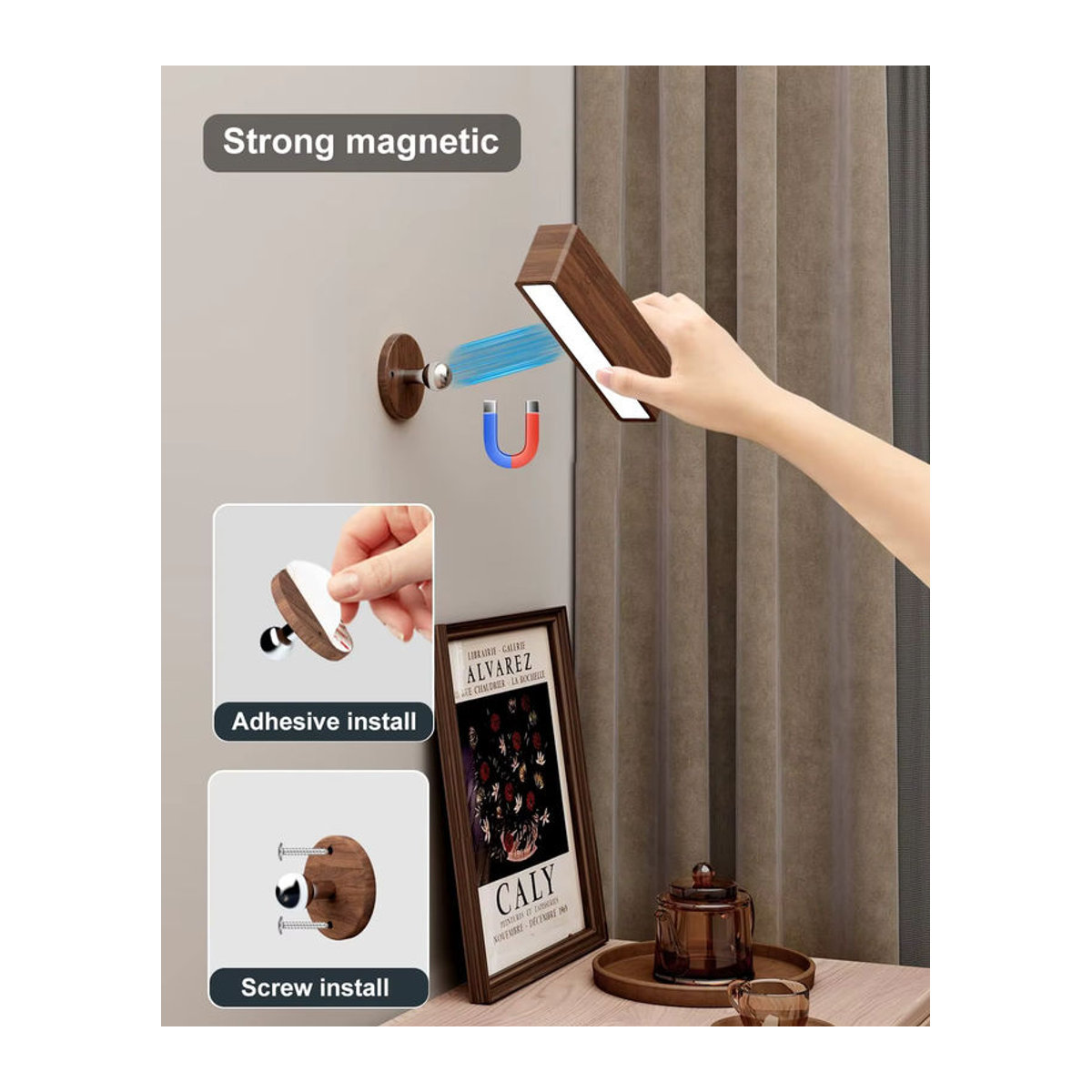 Yilaie LED Wandleuchten 2er Pack in Schwarz und Nussbaum, dimmbar und wiederaufladbar via USB Typ C - Bild 2
