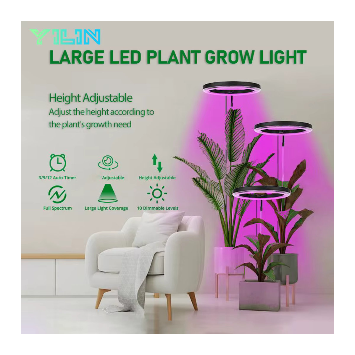 YILIN LED-Pflanzenwachstumslicht Vollspektrum-Wachstumslampe mit Timer und höhenverstellbarem Standfuß, 16 cm - Bild 2