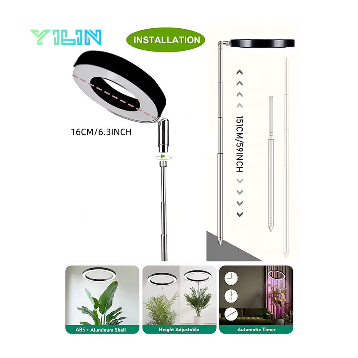 YILIN LED-Pflanzenwachstumslicht Vollspektrum-Wachstumslampe mit Timer und höhenverstellbarem Standfuß, 16 cm - Bild 3