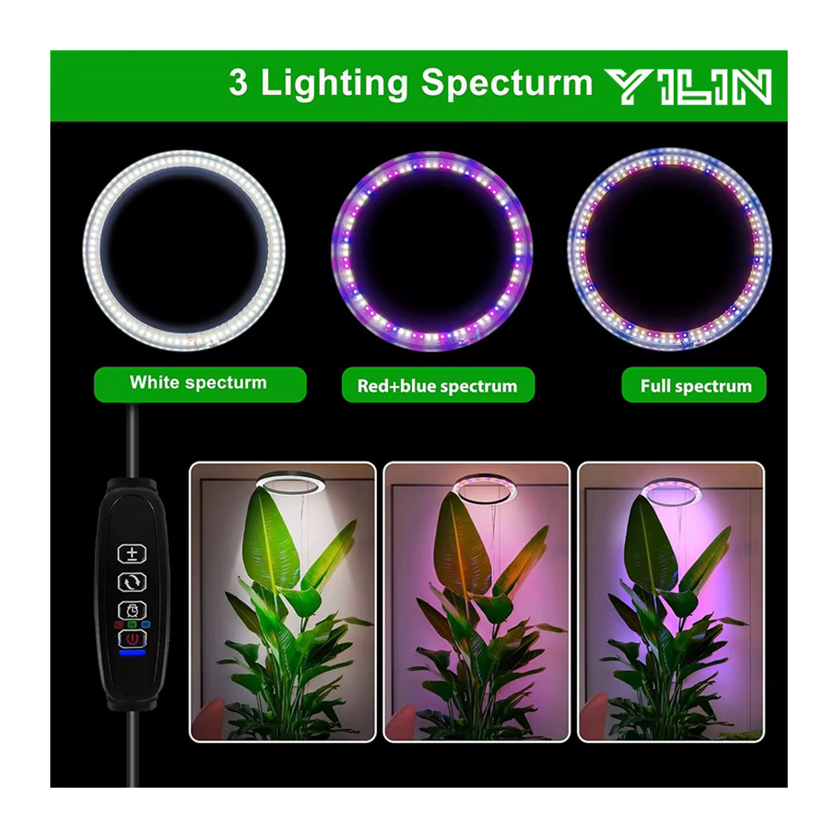 YILIN LED-Pflanzenwachstumslicht Vollspektrum-Wachstumslampe mit Timer und höhenverstellbarem Standfuß, 16 cm - Bild 5