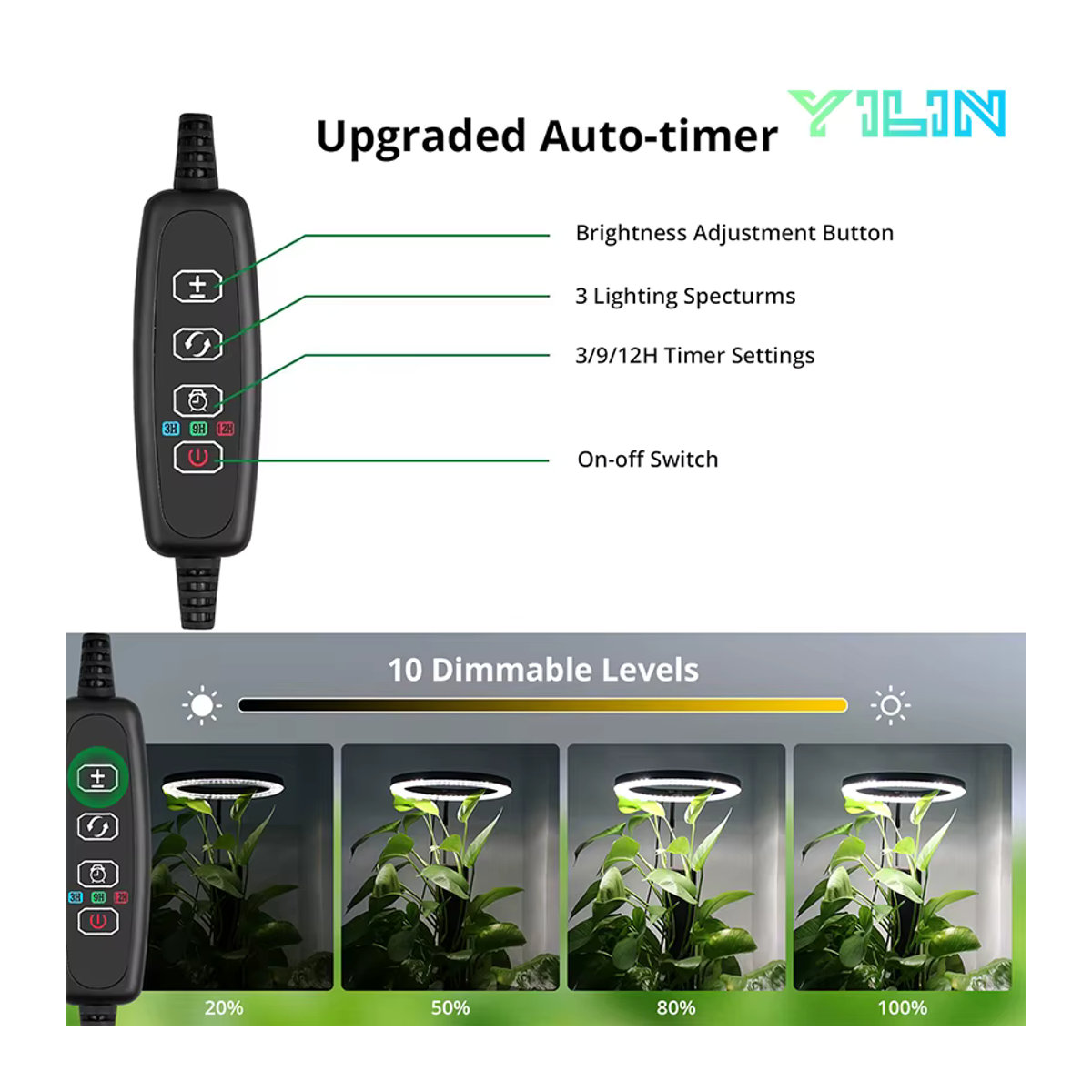 YILIN LED-Pflanzenwachstumslicht Vollspektrum-Wachstumslampe mit Timer und höhenverstellbarem Standfuß, 16 cm - Bild 6