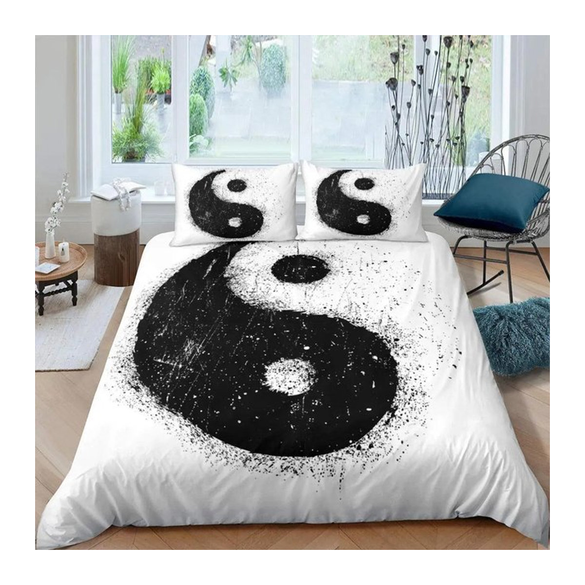 Yin Yang Bettbezug Set Boho Trippy Art in Schwarz und Weiß, 3-teiliges Quilt-Set aus Polyester, B/H: 135 x 200 cm - Bild 1
