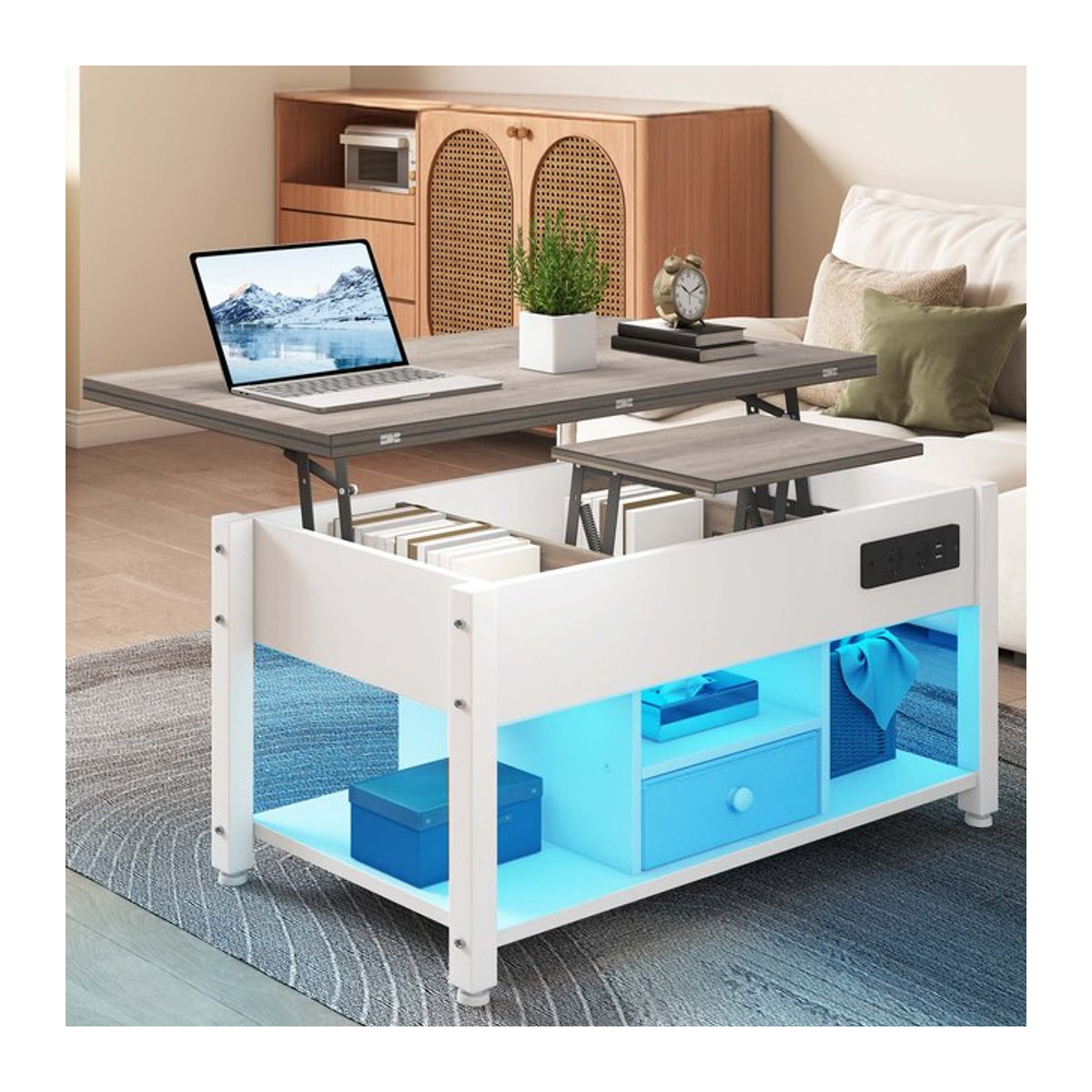YITAHOME 4-in-1 Couchtisch in Weiß und Grau, höhenverstellbarer Esstisch mit Stauraum und LED-Beleuchtung, modern und rechteckig - Bild 1