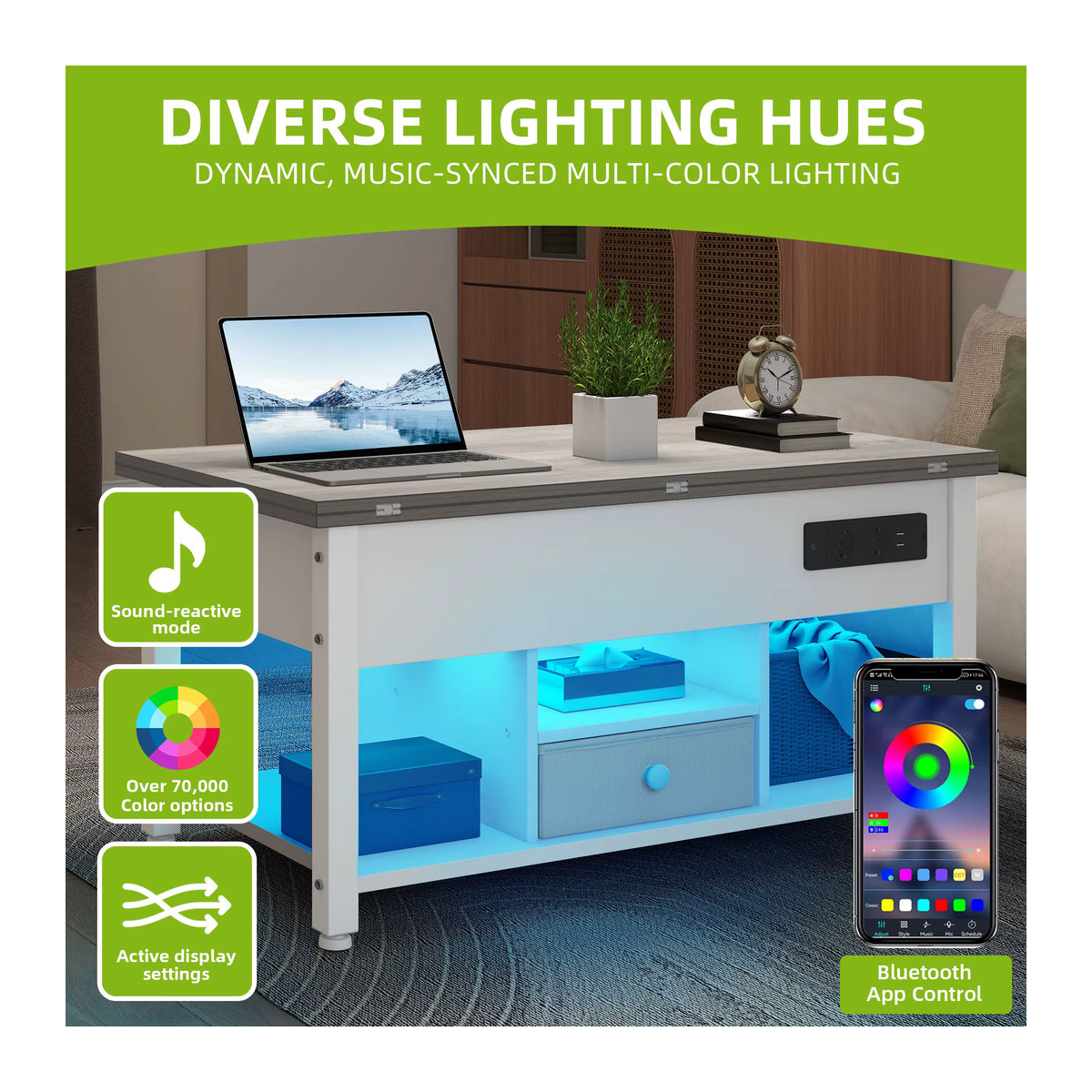 YITAHOME 4-in-1 Couchtisch in Weiß und Grau, höhenverstellbarer Esstisch mit Stauraum und LED-Beleuchtung, modern und rechteckig - Bild 2