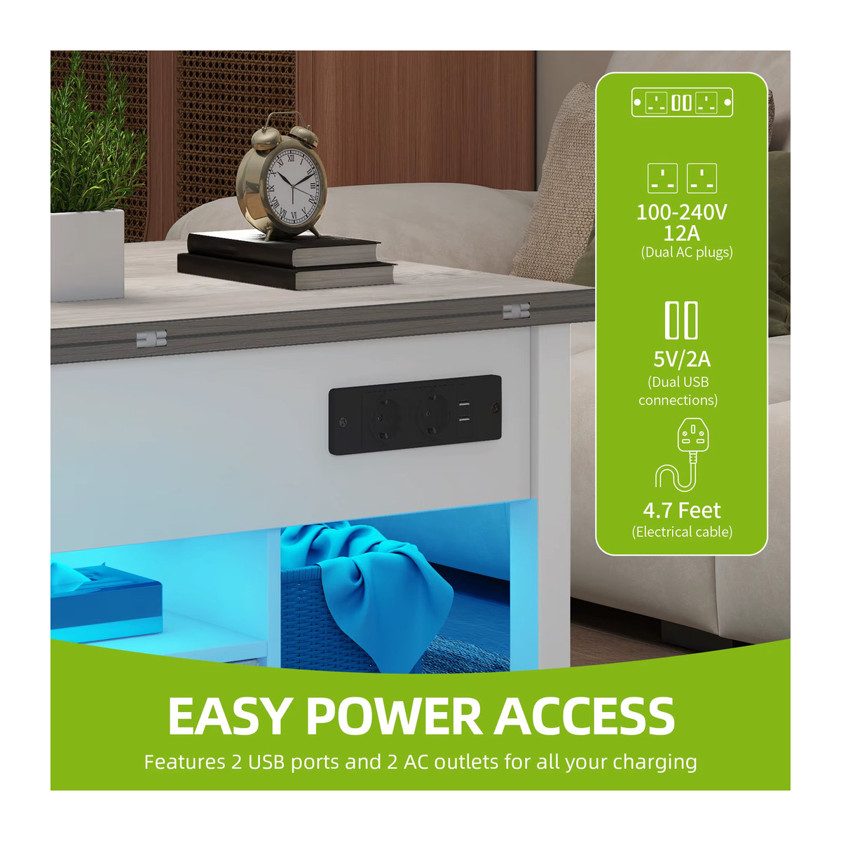 YITAHOME 4-in-1 Couchtisch in Weiß und Grau, höhenverstellbarer Esstisch mit Stauraum und LED-Beleuchtung, modern und rechteckig - Bild 3