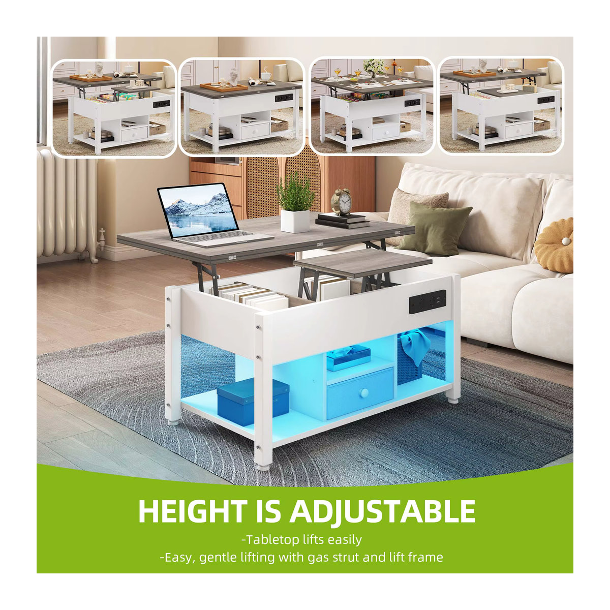 YITAHOME 4-in-1 Couchtisch in Weiß und Grau, höhenverstellbarer Esstisch mit Stauraum und LED-Beleuchtung, modern und rechteckig - Bild 4