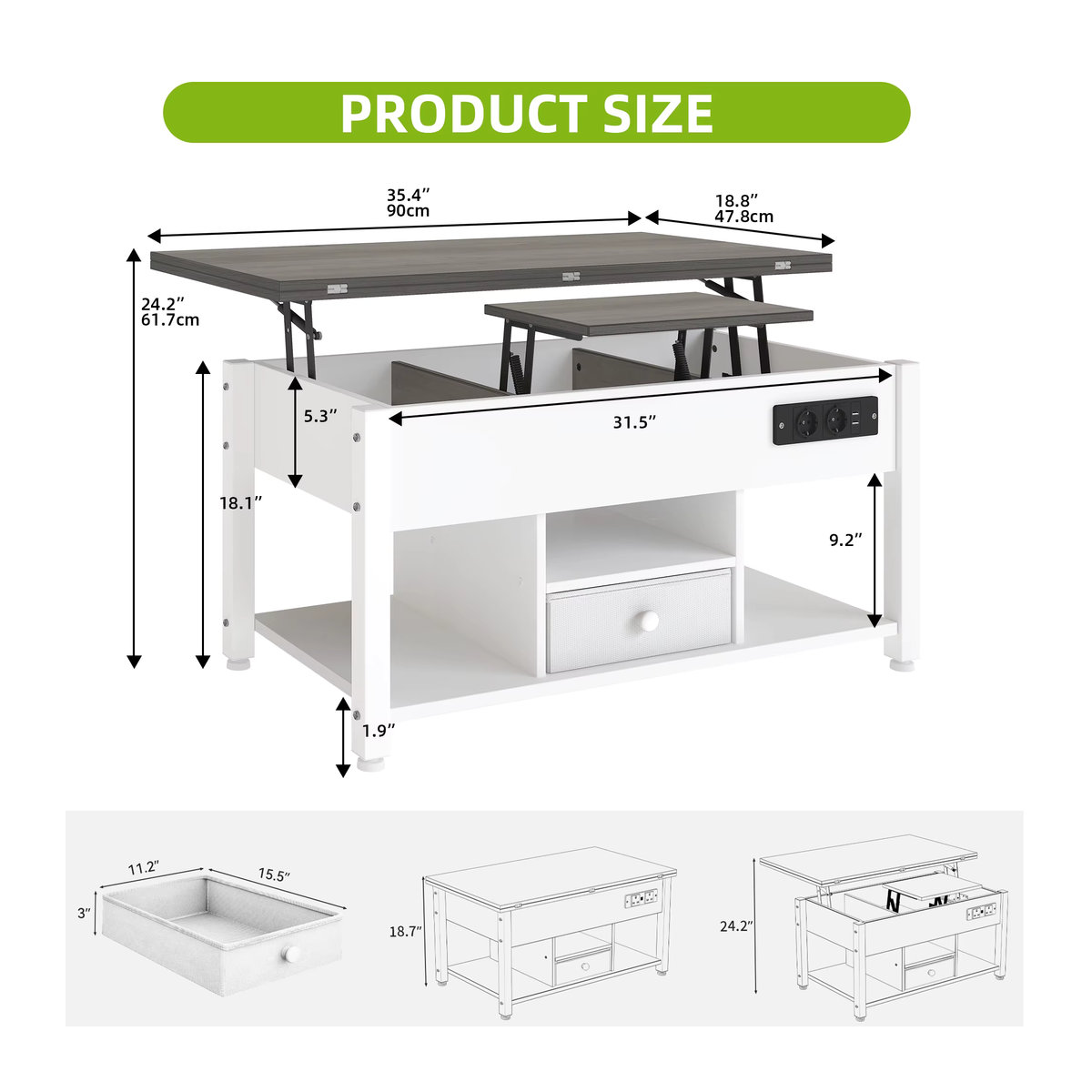 YITAHOME 4-in-1 Couchtisch in Weiß und Grau, höhenverstellbarer Esstisch mit Stauraum und LED-Beleuchtung, modern und rechteckig - Bild 5
