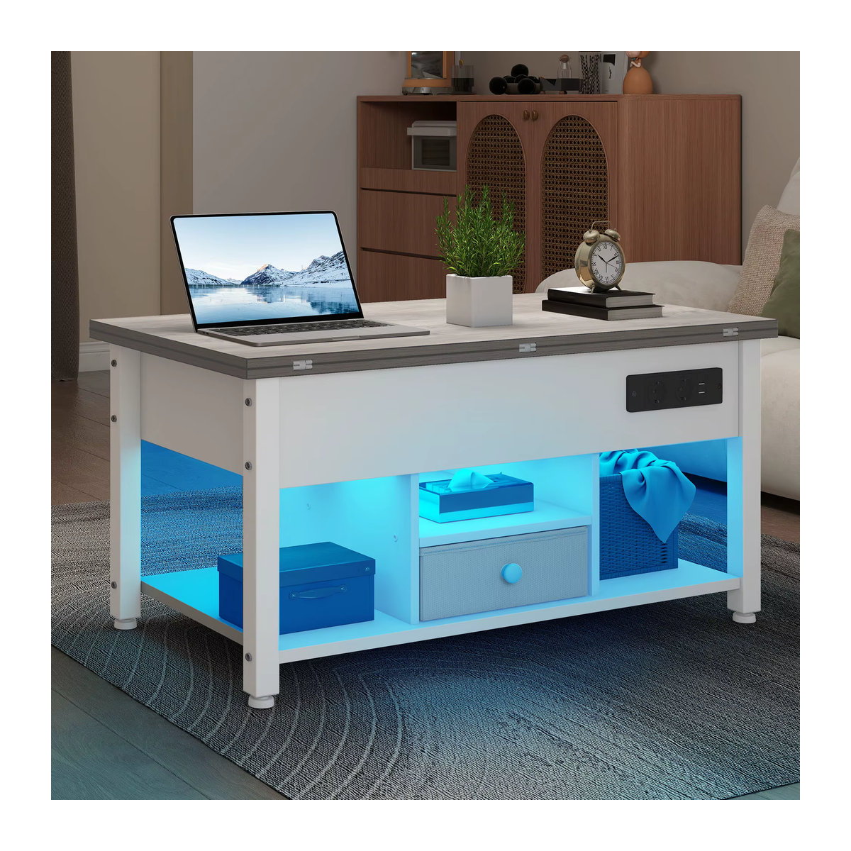 YITAHOME 4-in-1 Couchtisch in Weiß und Grau, höhenverstellbarer Esstisch mit Stauraum und LED-Beleuchtung, modern und rechteckig - Bild 6