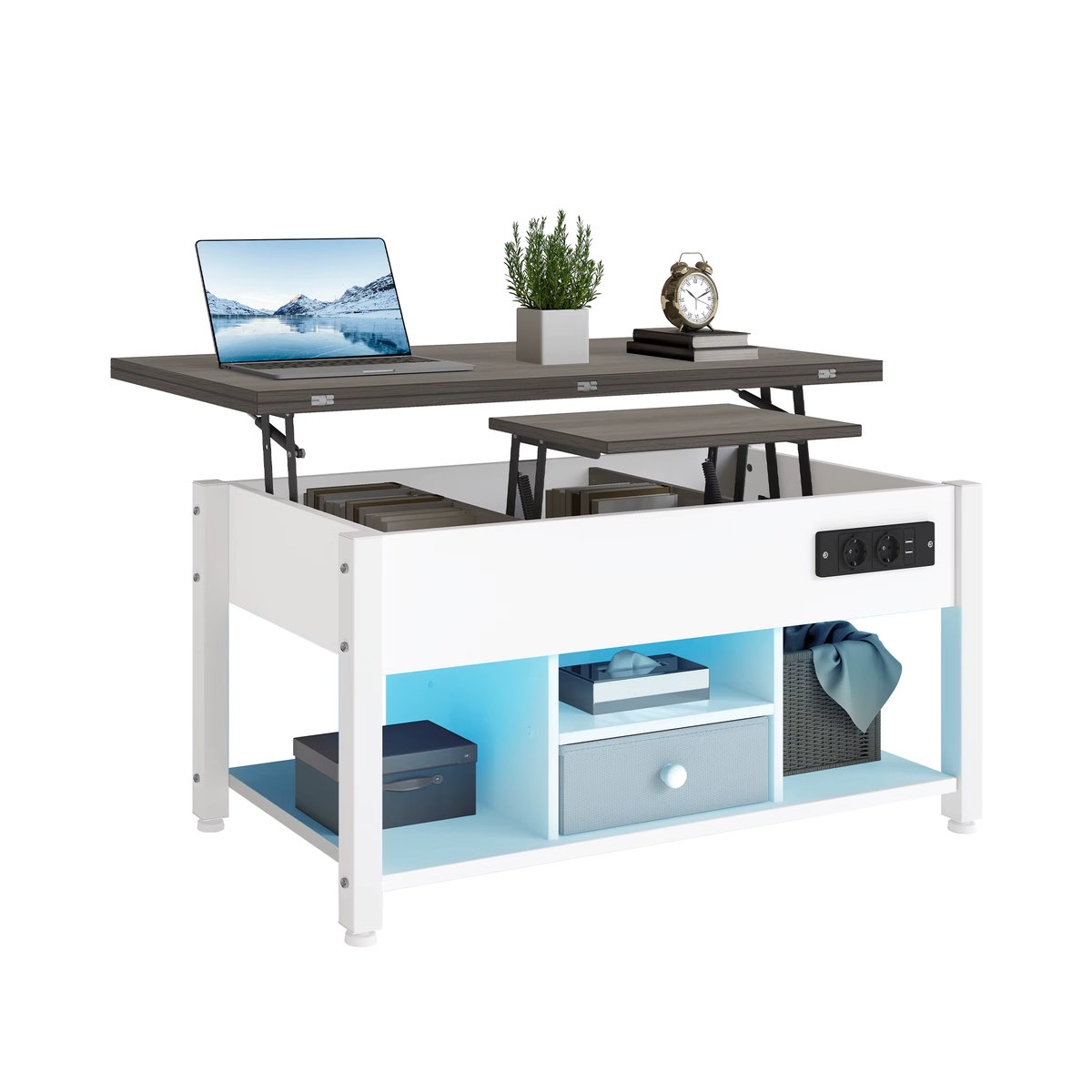 YITAHOME 4-in-1 Couchtisch in Weiß und Grau, höhenverstellbarer Esstisch mit Stauraum und LED-Beleuchtung, modern und rechteckig - Bild 7