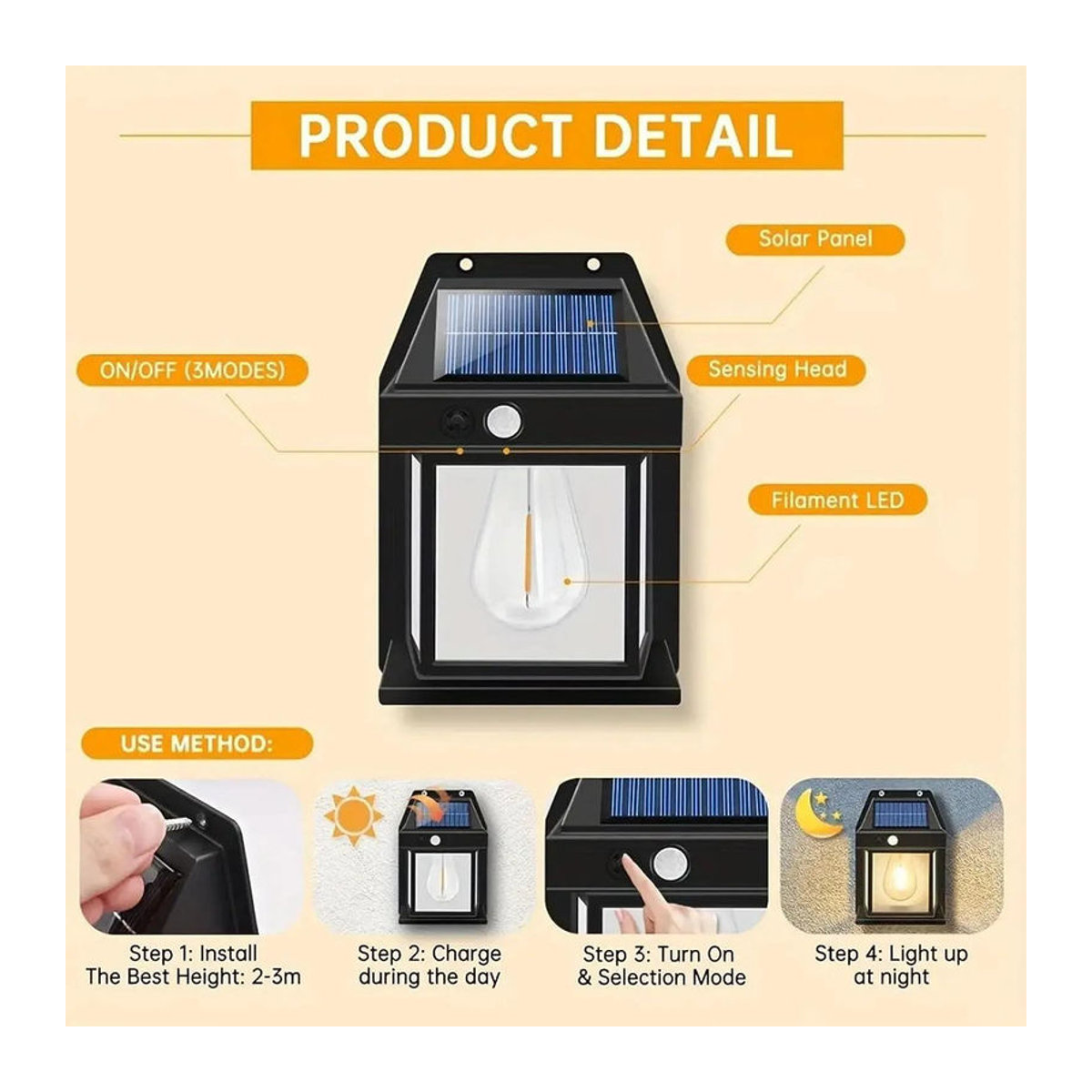 YJMP Super Lighting Solar Wandleuchte 4er Set Schwarz LED Warmweiß mit Bewegungssensor IP65 Wasserdicht für Außenbereich im Landhausstil - Bild 3