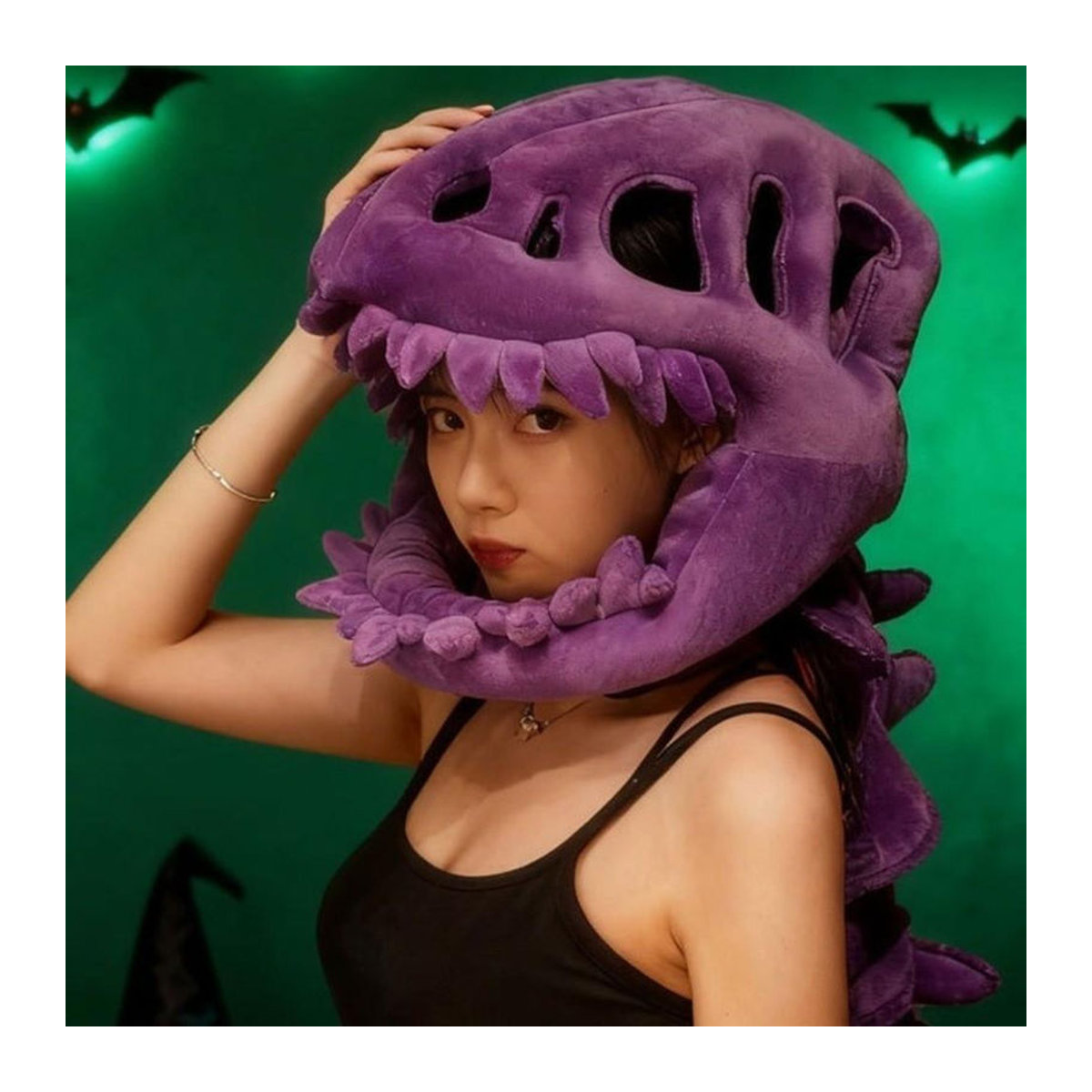 Ymzkdlfj209 Dinosaurierskelett-Kopfschmuck in Grün mit 3D-Design aus Textil für Halloween und Cosplay, Breite: 80 cm - Bild 2