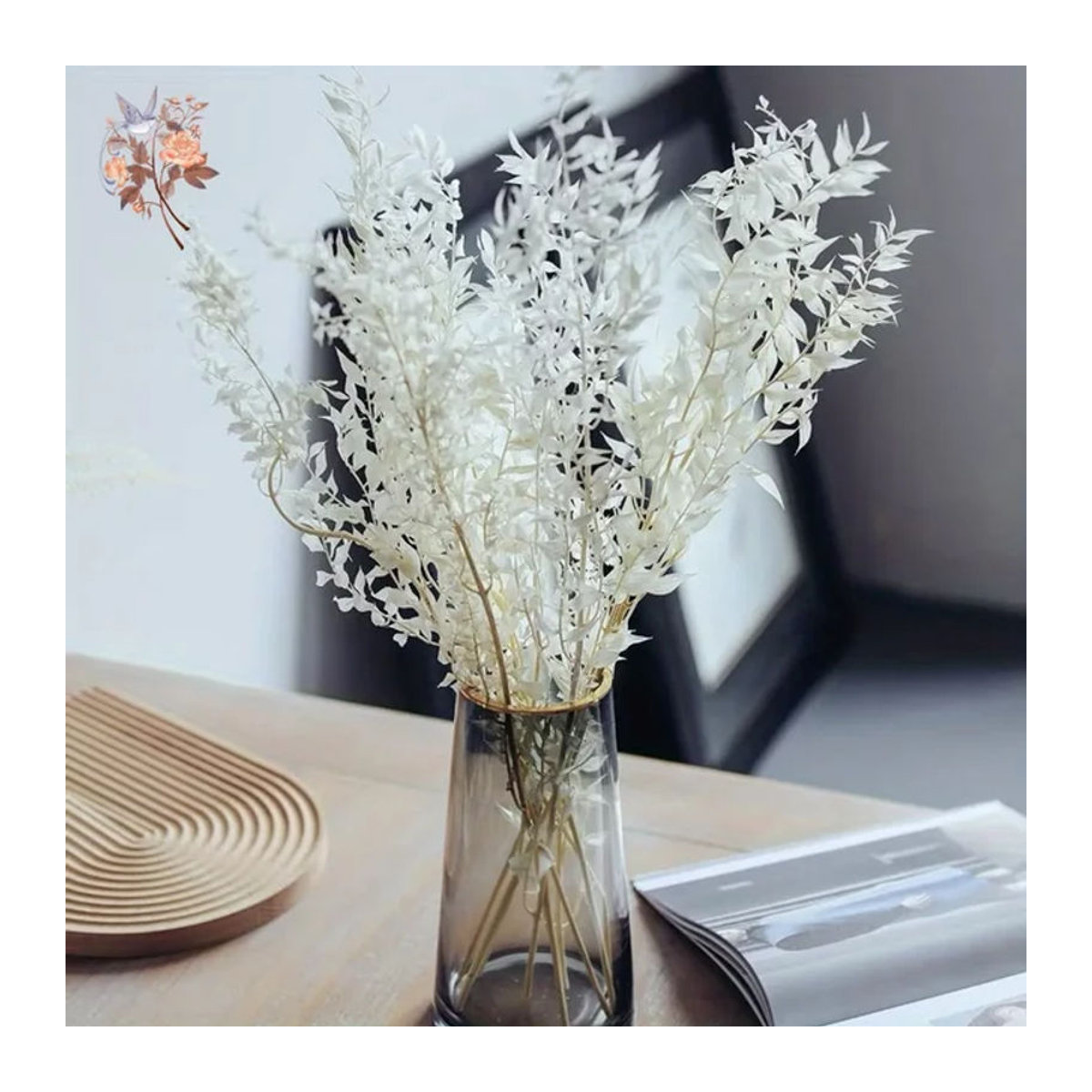 YN HI FLOWER getrockneter Ruscus-Blumenstrauß mit Eukalyptus-Zweigen in Weiß und Blau für deine Hochzeitsdekoration und Wohnzimmer-Arrangements, 50g - Bild 1