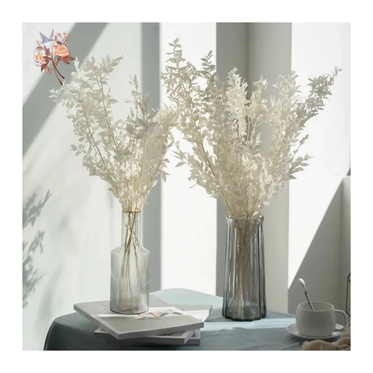 YN HI FLOWER getrockneter Ruscus-Blumenstrauß mit Eukalyptus-Zweigen in Weiß und Blau für deine Hochzeitsdekoration und Wohnzimmer-Arrangements, 50g - Bild 2