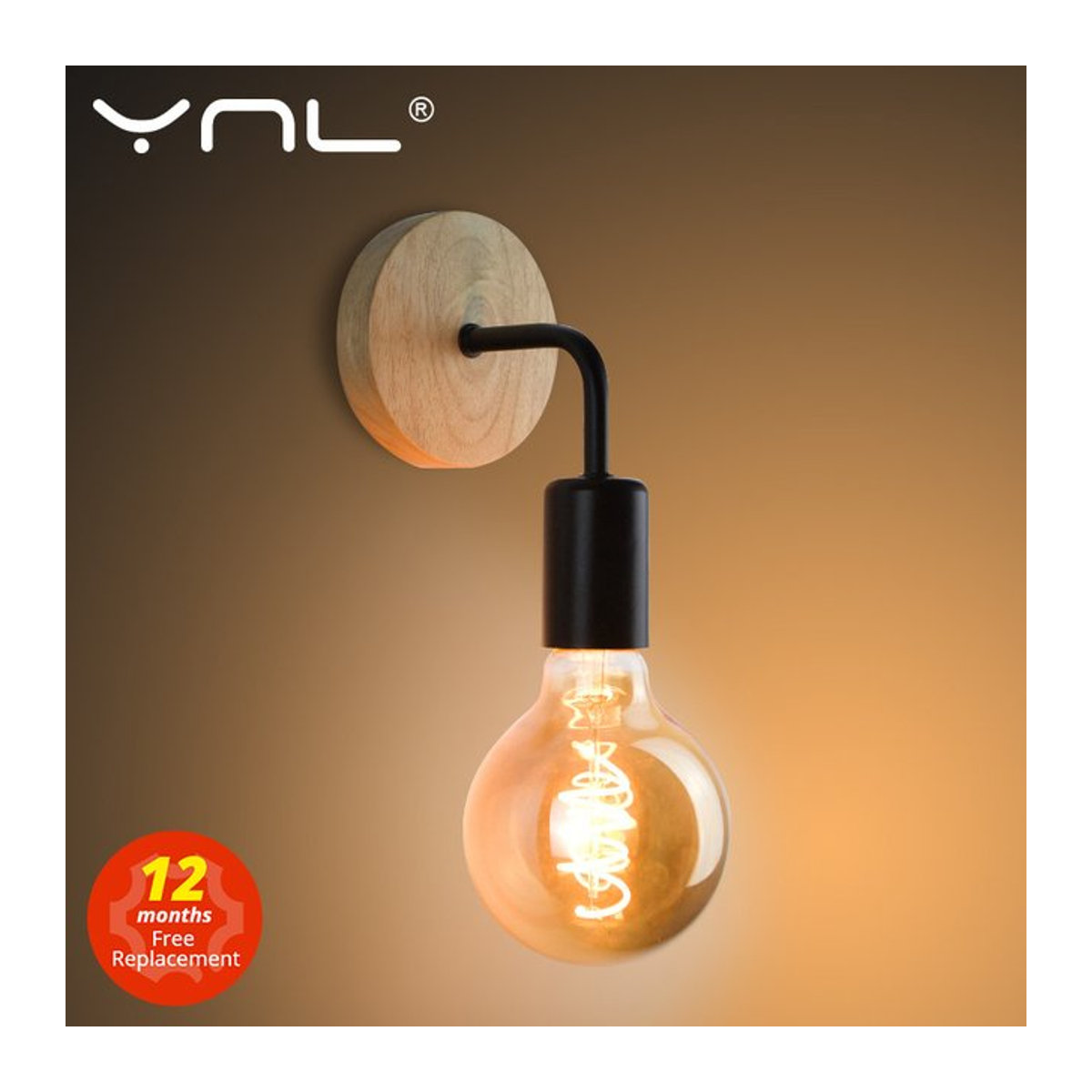 YNL Wandleuchte aus Holz im Retro-Industrial-Design mit E27 Fassung, Schwarz/Natur - Bild 1