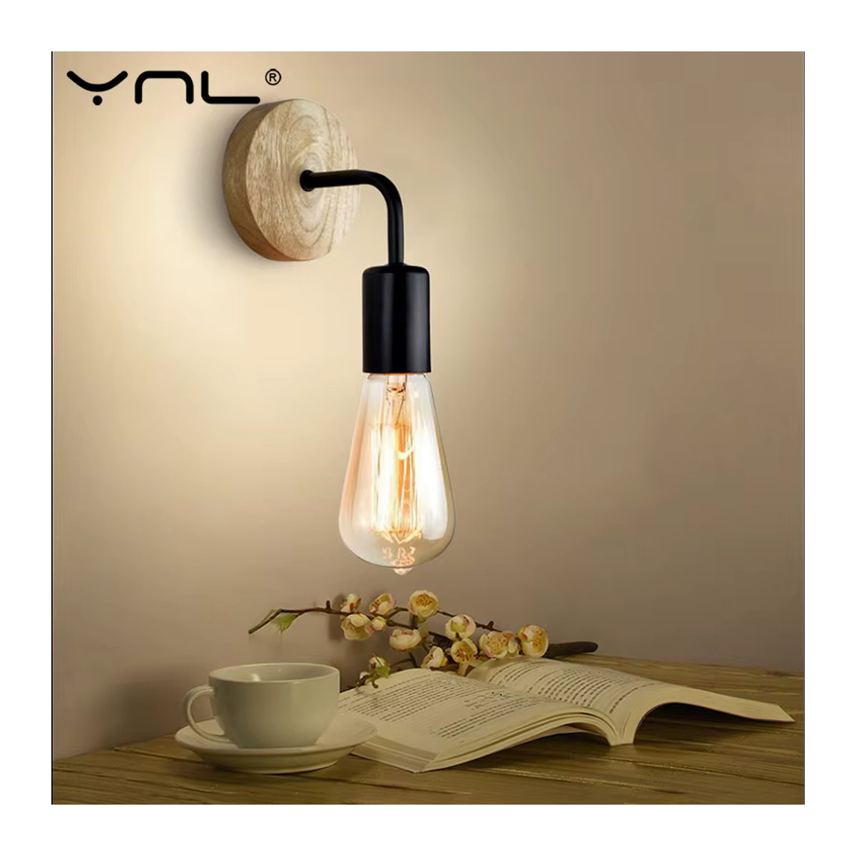 YNL Wandleuchte aus Holz im Retro-Industrial-Design mit E27 Fassung, Schwarz/Natur - Bild 3