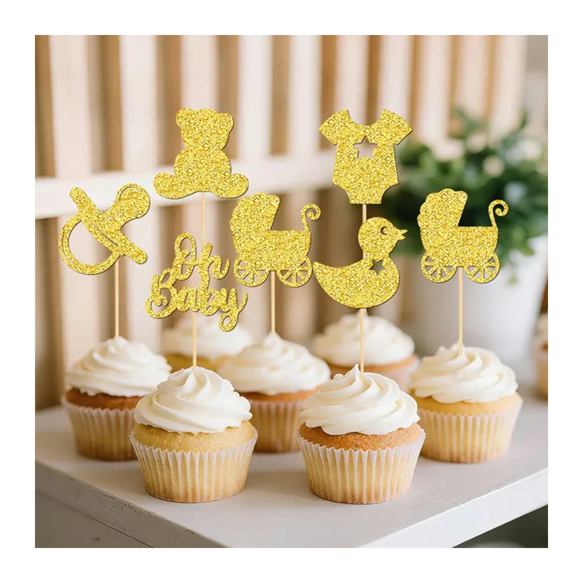 YOMDID 24 Stück Baby-Shower-Cupcake-Topper aus Papier in Gold mit glitzernden Motiven wie Schnuller, Ente, Kleidung und Kinderwagen zur Partydekoration - Bild 1
