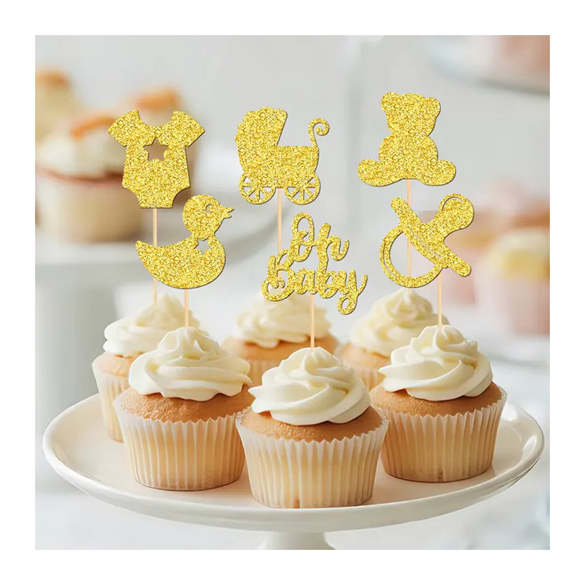 YOMDID 24 Stück Baby-Shower-Cupcake-Topper aus Papier in Gold mit glitzernden Motiven wie Schnuller, Ente, Kleidung und Kinderwagen zur Partydekoration - Bild 2