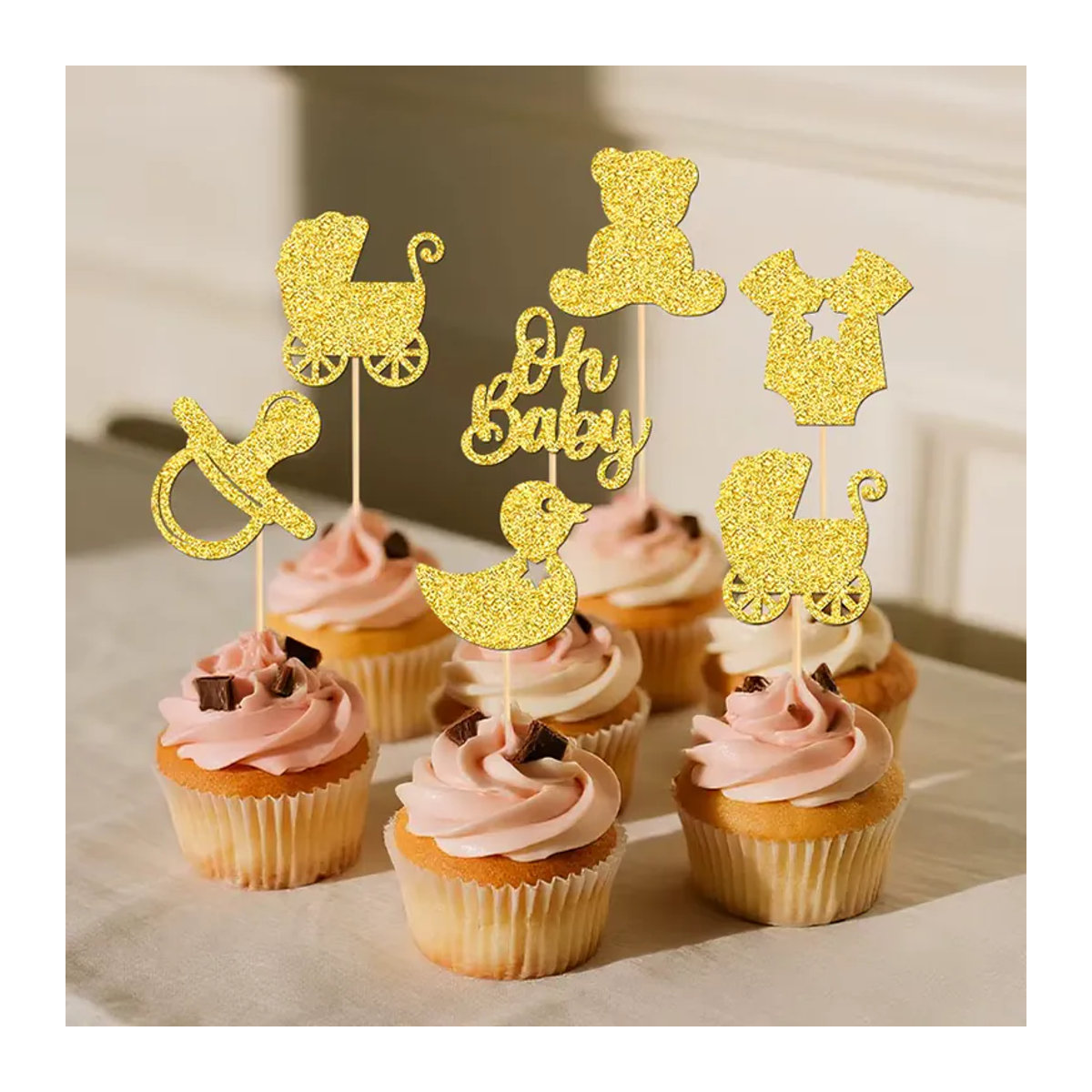 YOMDID 24 Stück Baby-Shower-Cupcake-Topper aus Papier in Gold mit glitzernden Motiven wie Schnuller, Ente, Kleidung und Kinderwagen zur Partydekoration - Bild 3