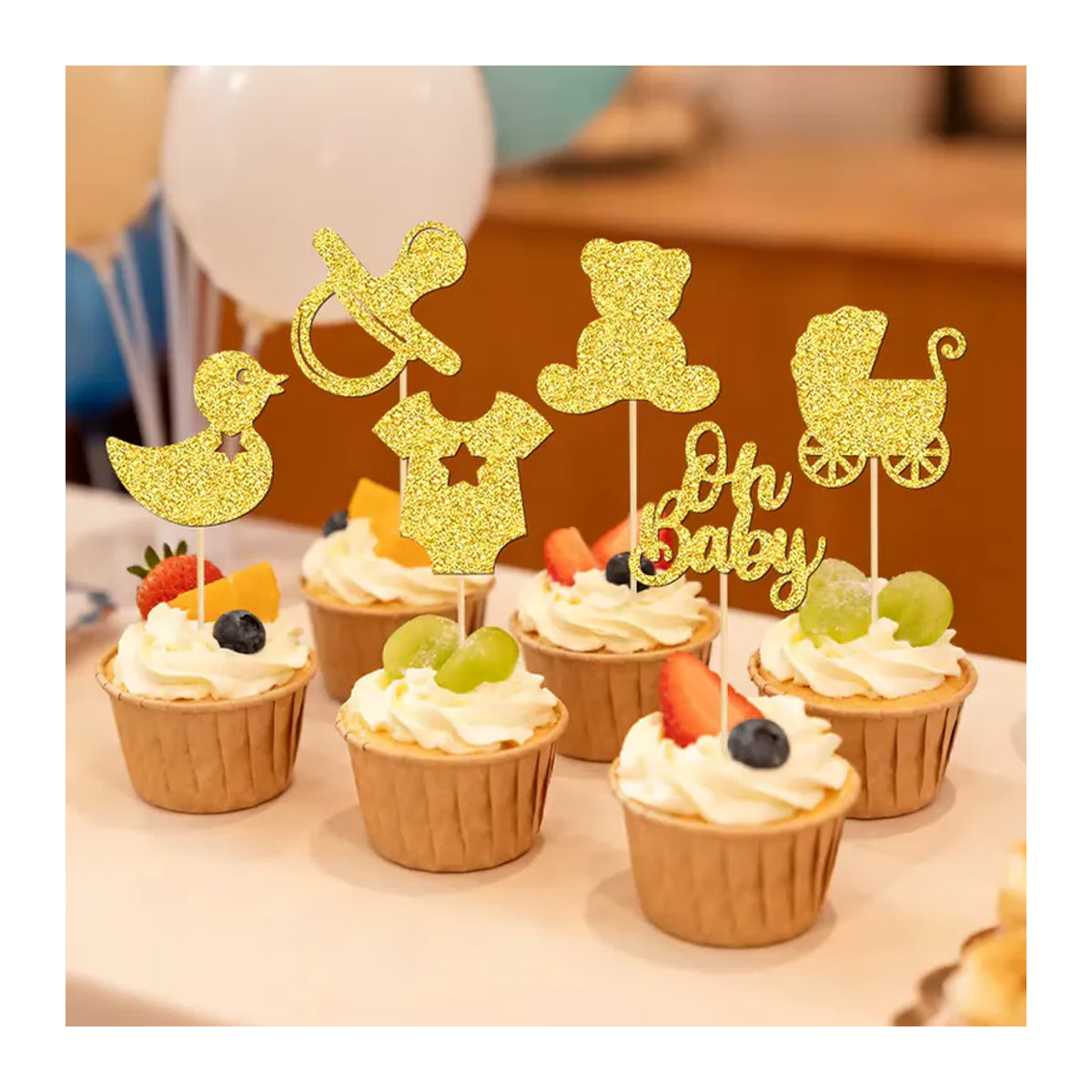 YOMDID 24 Stück Baby-Shower-Cupcake-Topper aus Papier in Gold mit glitzernden Motiven wie Schnuller, Ente, Kleidung und Kinderwagen zur Partydekoration - Bild 4