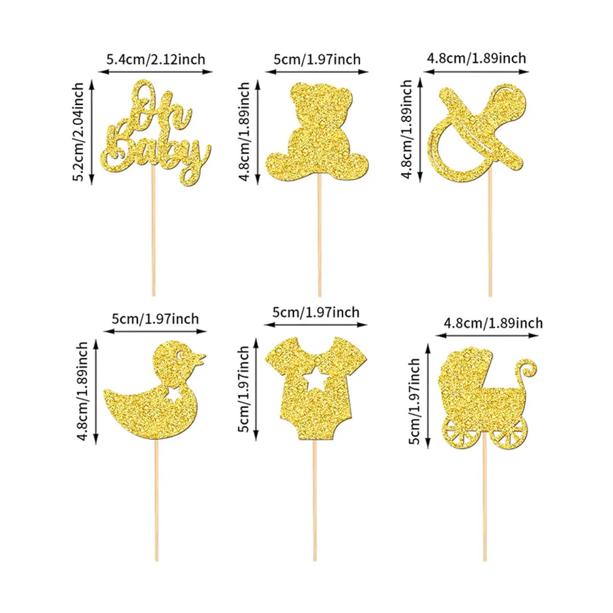 YOMDID 24 Stück Baby-Shower-Cupcake-Topper aus Papier in Gold mit glitzernden Motiven wie Schnuller, Ente, Kleidung und Kinderwagen zur Partydekoration - Bild 5
