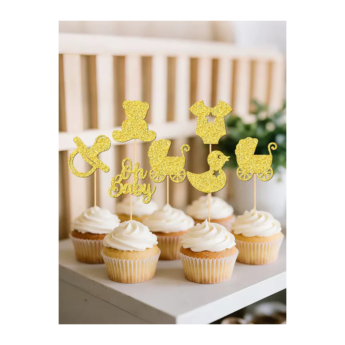 YOMDID 24 Stück Baby-Shower-Cupcake-Topper aus Papier in Gold mit glitzernden Motiven wie Schnuller, Ente, Kleidung und Kinderwagen zur Partydekoration - Bild 6