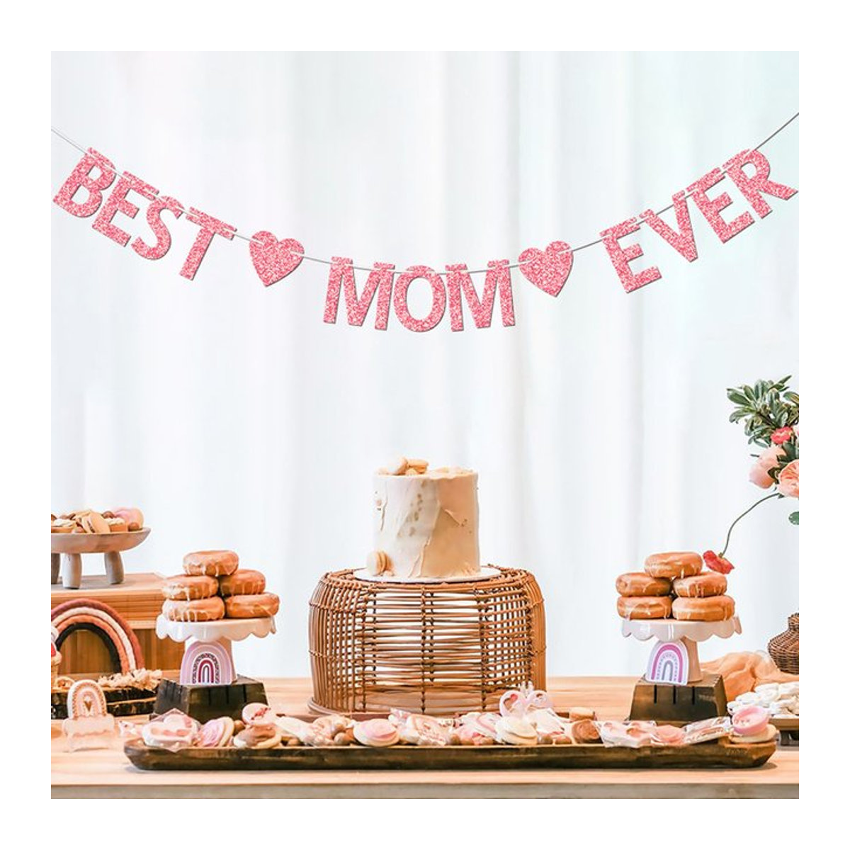YOMDID Glitzer-Banner Best Mom Ever in Pink und Rosa mit Herz-Motiven als Party-Dekoration für Geburtstag und Muttertag - Bild 1