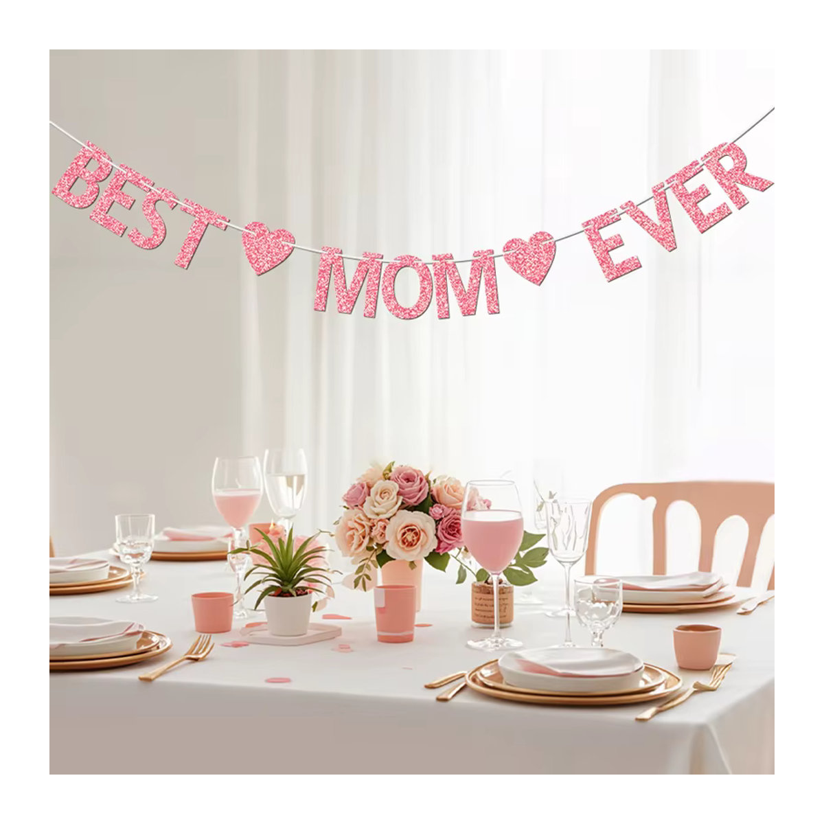 YOMDID Glitzer-Banner Best Mom Ever in Pink und Rosa mit Herz-Motiven als Party-Dekoration für Geburtstag und Muttertag - Bild 2