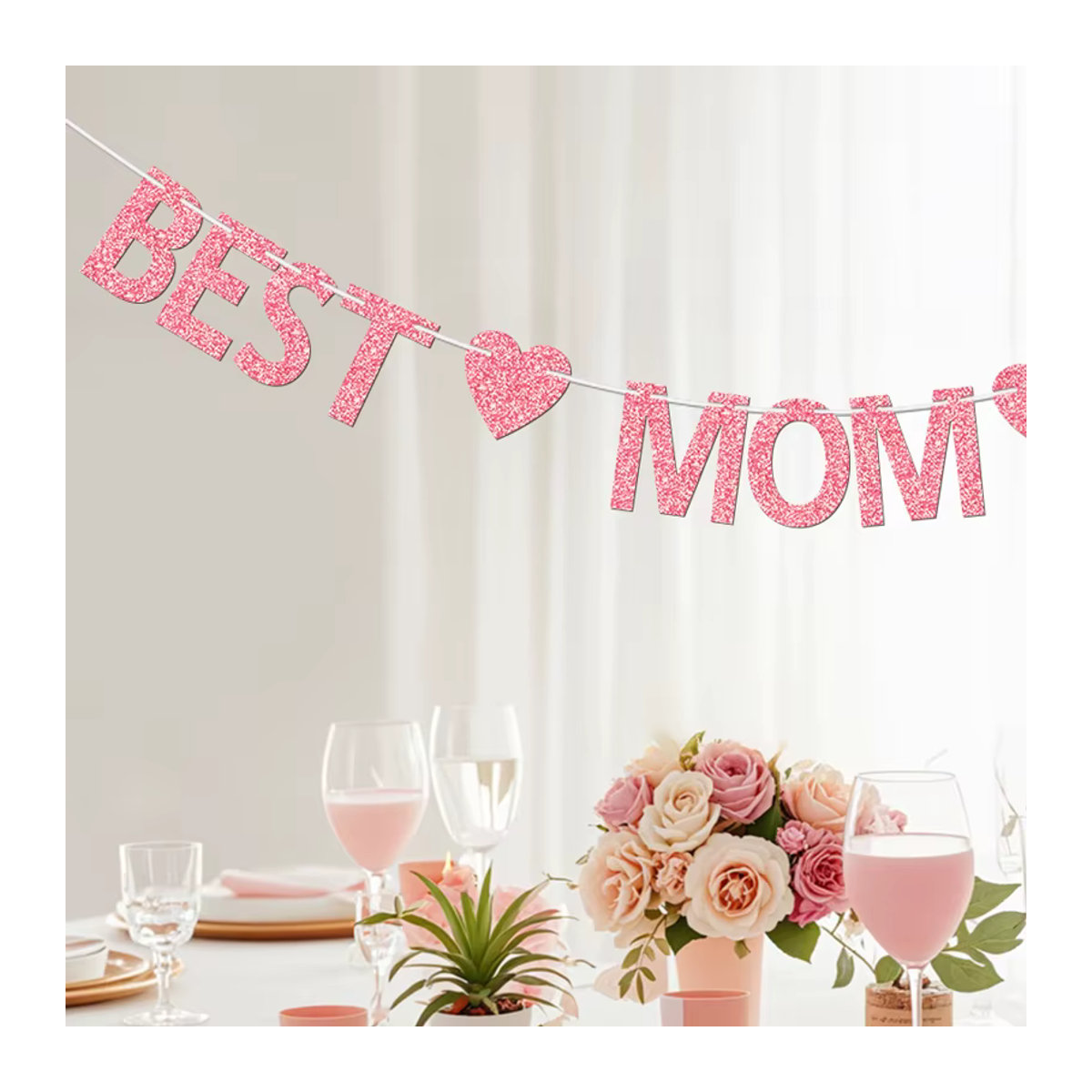 YOMDID Glitzer-Banner Best Mom Ever in Pink und Rosa mit Herz-Motiven als Party-Dekoration für Geburtstag und Muttertag - Bild 3