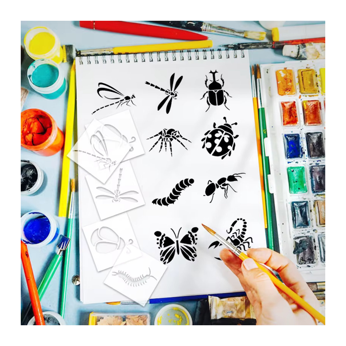 YOMDID Insekten Schablonen Set mit 20 wiederverwendbaren Mustern wie Libelle und Biene in Weiß für DIY Graffiti und Textilgestaltung - Bild 2