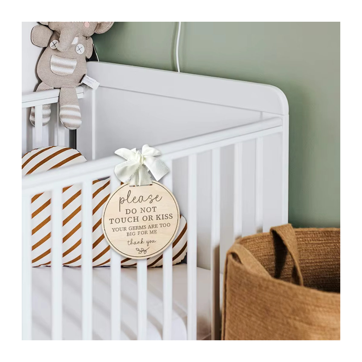 YOMDID Rundes Holzschild mit Band in Beige – Minimalistisches Fotografie-Requisit für Babyfotos – Bitte nicht berühren oder küssen - Bild 3