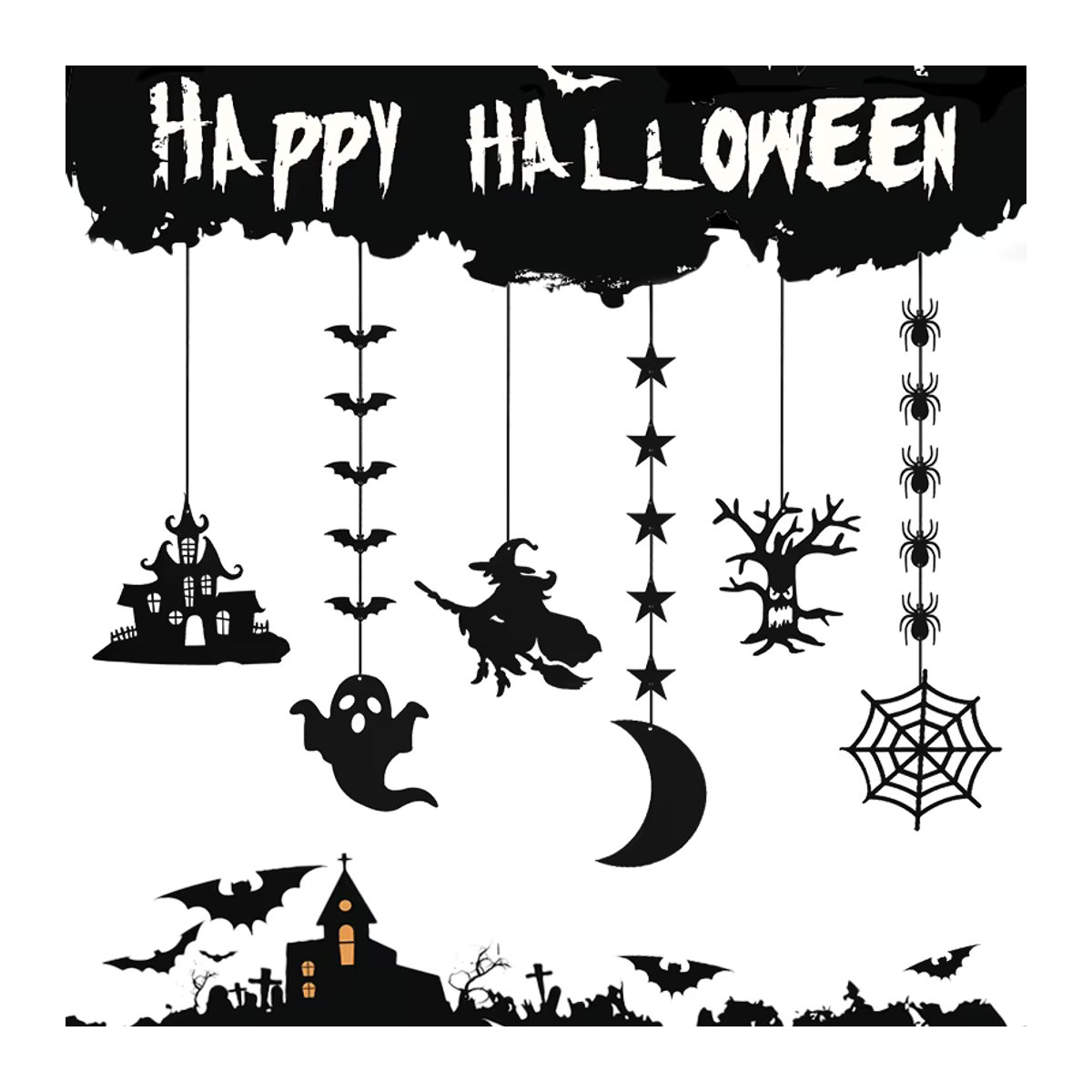 YONGSNOW Halloween Dekoration Banner Set mit Spinne, Geist und Fledermaus in Schwarz und Weiß aus Papier - Bild 2