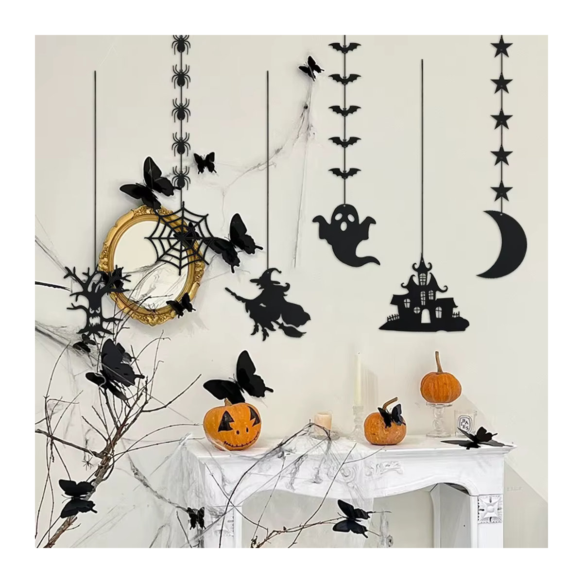 YONGSNOW Halloween Dekoration Banner Set mit Spinne, Geist und Fledermaus in Schwarz und Weiß aus Papier - Bild 4